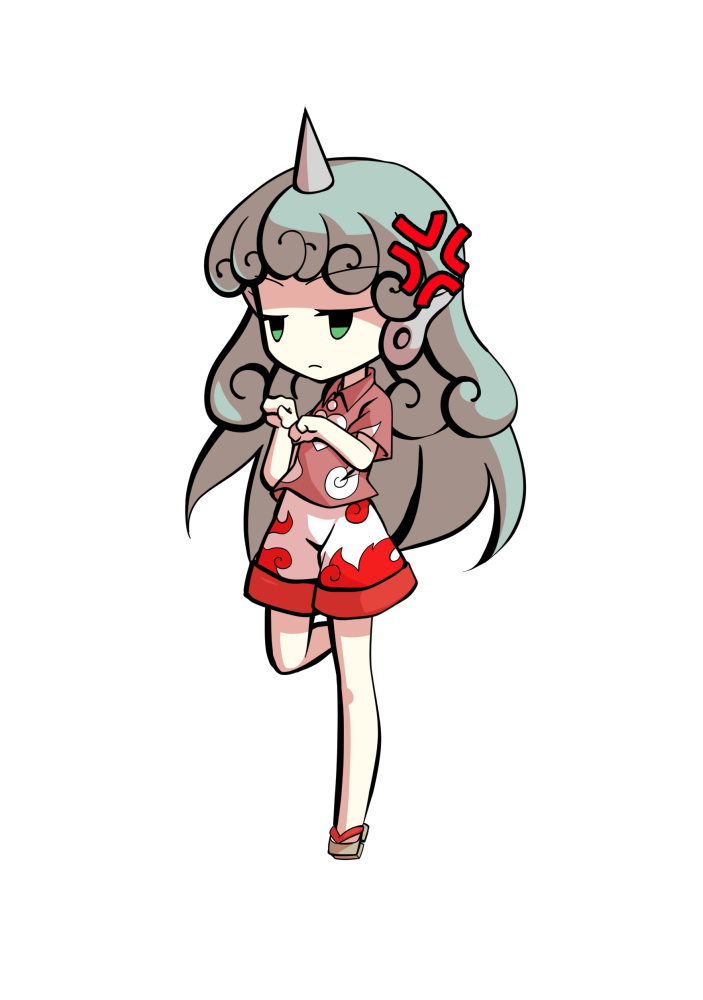 dairi, komano aunn, touhou, commentary request, large variant set, variant set, 1girl, aqua hair, bare arms, barefoot, buttons, chibi, chibi only, cloud print, collared shirt, curly hair, full body, geta, horns, kariyushi shirt, long hair, paw pose, pink shirt, shirt, short sleeves, shorts, single horn, solo, standing, standing on one leg, tachi-e, transparent background