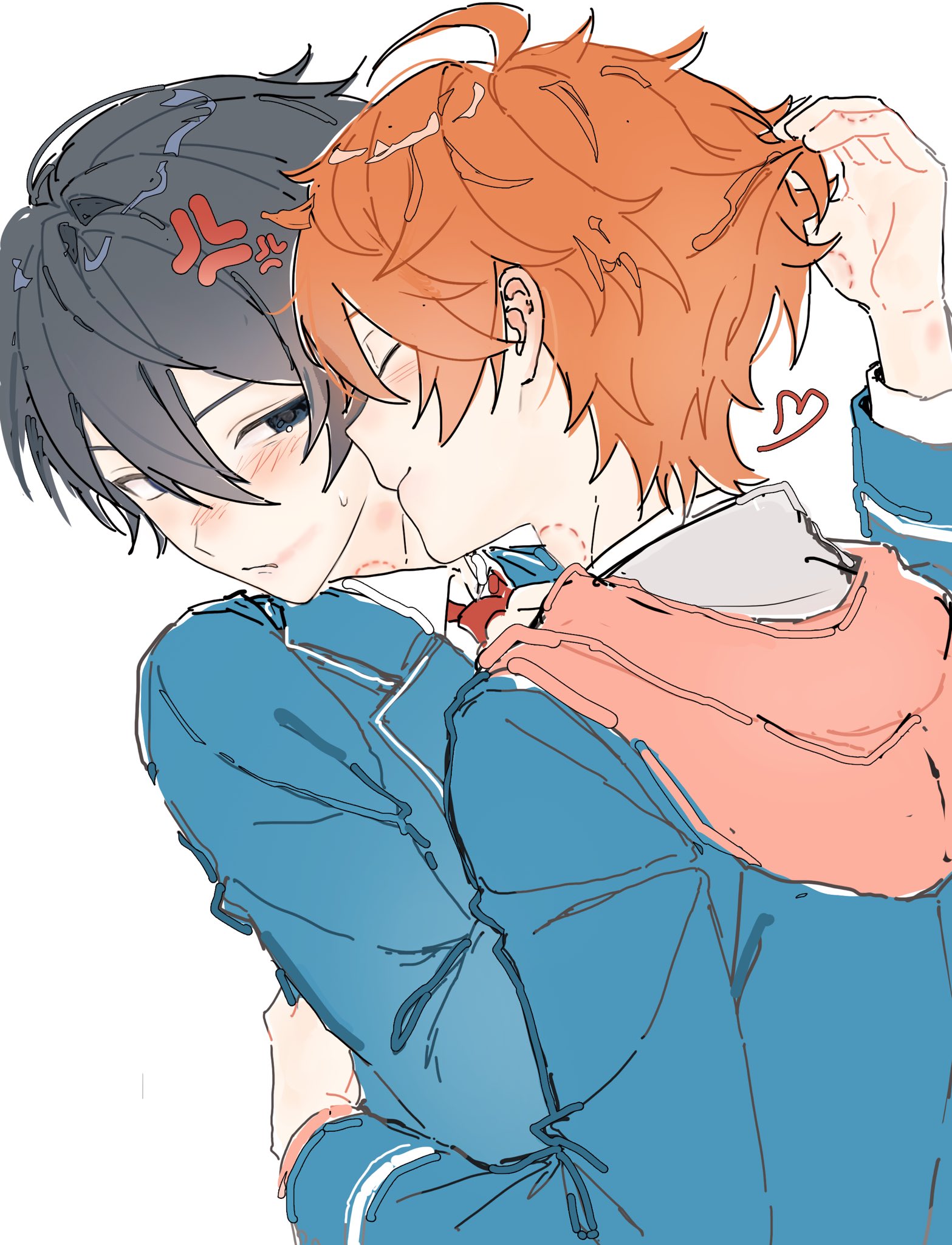 akehoshi subaru, hidaka hokuto, ensemble stars!, highres, 2boys, ahoge, anger vein, arm up, bite mark, bite mark on hand, bite mark on neck, black hair, blazer, blue jacket, blush, closed eyes, closed mouth, facing another, hickey, hug, jacket, long sleeves, male focus, miniboyclub, multiple boys, orange hair, school uniform, simple background, sketch, smile, upper body, white background, yaoi, yumenosaki school uniform