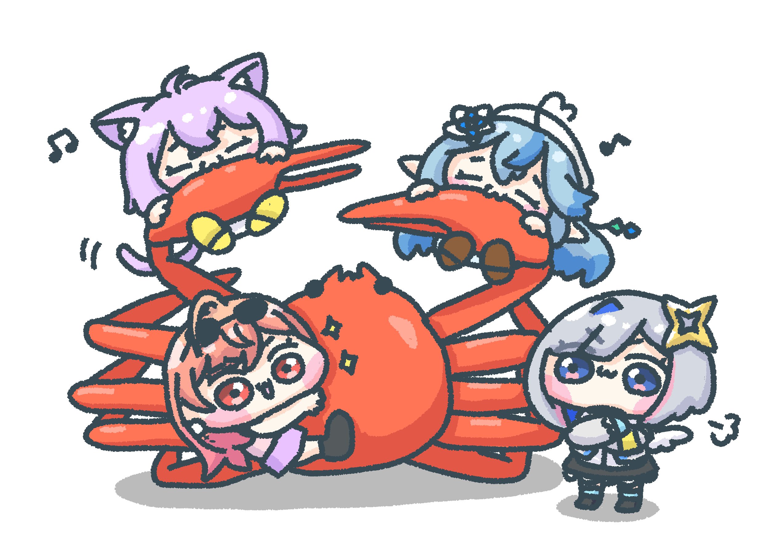 amane kanata, ichijou ririka, nekomata okayu, yukihana lamy, hololive, commentary request, highres, 4girls, :3, ahoge, animal, animal ear fluff, animal ears, blue eyes, blue hair, blush stickers, cat ears, cat girl, cat tail, chibi, chibi only, climbing, crab, crossed arms, eating, eyewear on head, flower, food, grey hair, hair flower, hair ornament, heart, heart ahoge, isapi (sslm pipipi), long hair, mini wings, motion lines, multiple girls, musical note, orange hair, puff of air, purple hair, red eyes, short hair, shuriken hair ornament, sparkle, spoken musical note, standing, tail, white background, wings