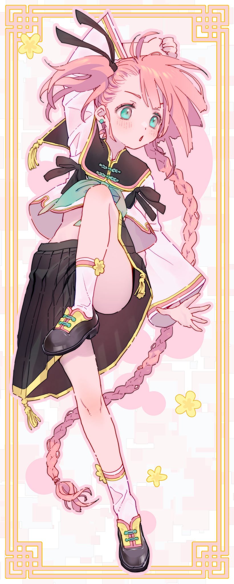 kawamitsu, original, highres, 1girl, braid, chinese clothes, earrings, jewelry, kung fu, long hair, pink hair, school uniform, skirt, socks, solo, striped background