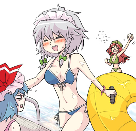 kty (04), hong meiling, izayoi sakuya, remilia scarlet, touhou, silver hair, lowres, 3girls, bikini, blue hair, braid, breast padding, female focus, hair ribbon, hat, innertube, multiple girls, red eyes, red hair, ribbon, short hair, swim ring, swimsuit, twin braids