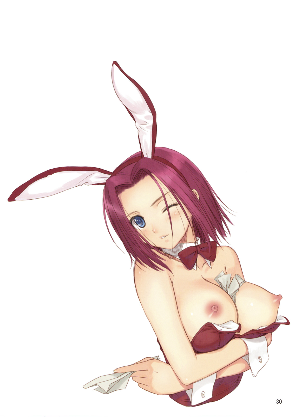 tony taka, kouzuki kallen, code geass, highres, 00s, 1girl, animal ears, between breasts, blue eyes, blush, breasts, fake animal ears, female focus, large breasts, nipples, one eye closed, pinup (portrait), pinup (style), playboy bunny, rabbit ears, red hair, short hair, solo, wink, wrist cuffs