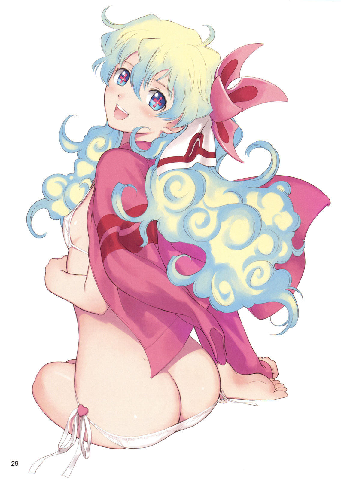 tony taka, nia teppelin, tengen toppa gurren lagann, highres, 00s, 1girl, ass, barefoot, bikini, blue eyes, blush, breasts, butt crack, feet, female focus, flat chest, happy, long hair, lowleg, lowleg bikini, lowleg panties, panties, pinup (style), side-tie bikini bottom, side-tie panties, sitting, small breasts, soles, solo, swimsuit, underwear