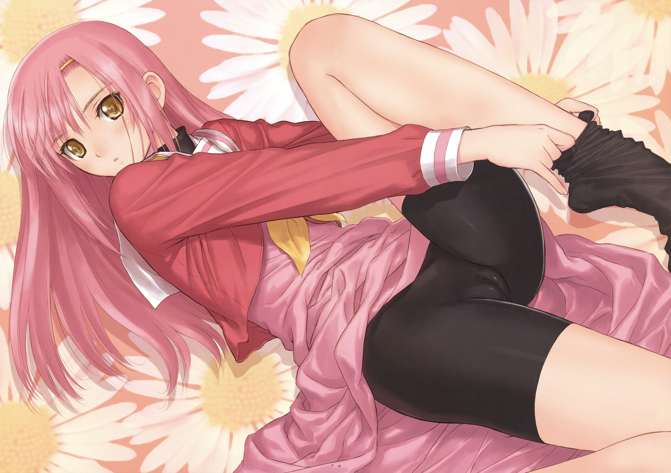 tony taka, katsura hinagiku, hayate no gotoku!, highres, 00s, 1girl, bike shorts, blush, brown eyes, cameltoe, daisy (flower), dressing, female focus, flower, hairband, knees, latex, legs, long hair, long legs, lying, pink hair, school uniform, serafuku, socks, solo, spandex, thighhighs, thighs