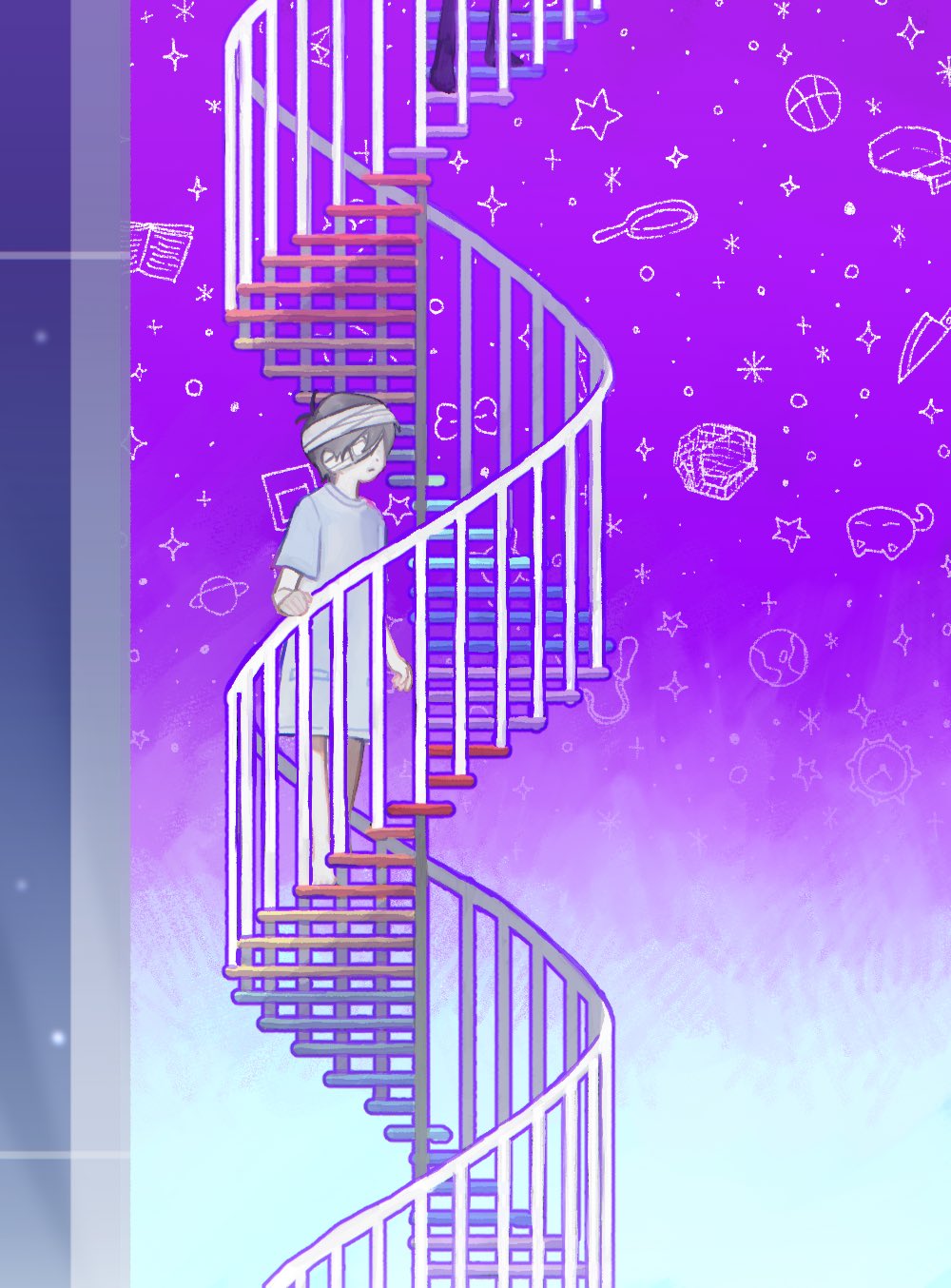 rou (h s sinrin), sunny (omori), omori, highres, spoilers, 1boy, antenna hair, bandage over one eye, bandaged head, bandages, bare legs, blue shirt, blue sky, building, full body, gradient sky, grey hair, hospital gown, official alternate costume, on stairs, outdoors, oversized clothes, oversized shirt, pale skin, purple sky, shirt, short hair, short sleeves, sky, solo, sparkle, spiral staircase, stairs, standing, star (symbol), very short hair