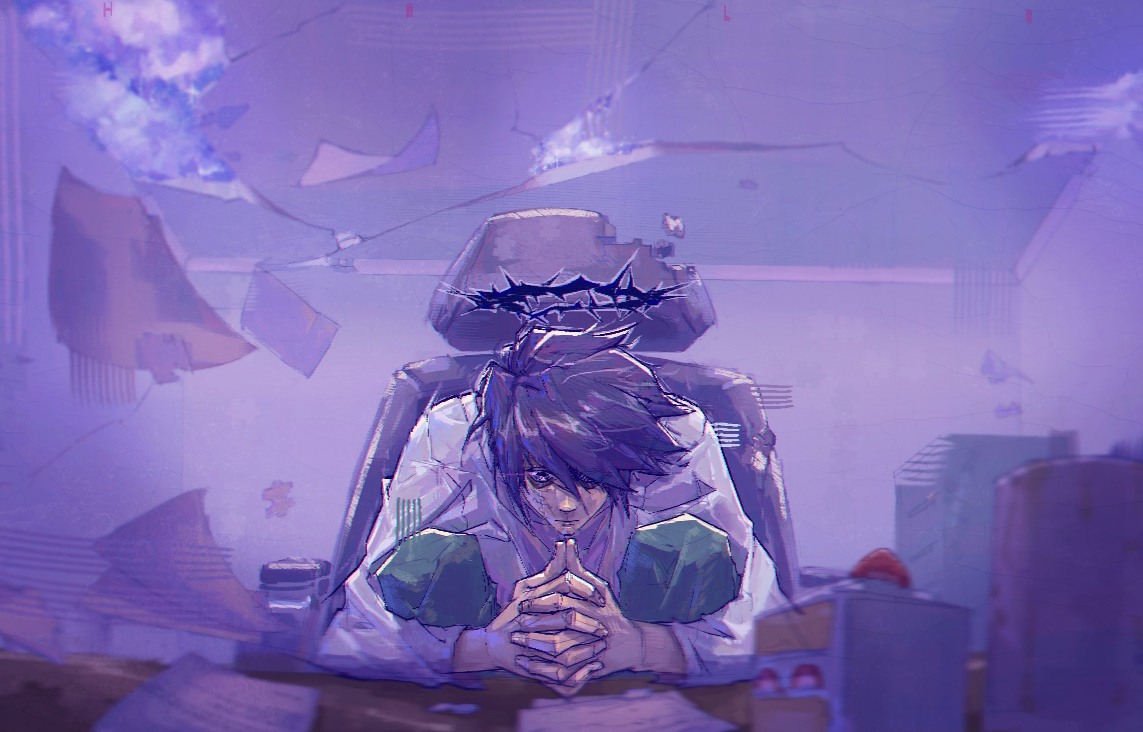 holo303, l (death note), death note, highres, 1boy, bags under eyes, black hair, chain, cloud, cloudy sky, crown of thorns, falling paper, hair between eyes, halo, hugging own legs, male focus, own hands clasped, own hands together, shirt, short hair, sitting, sky, solo, upper body, white shirt