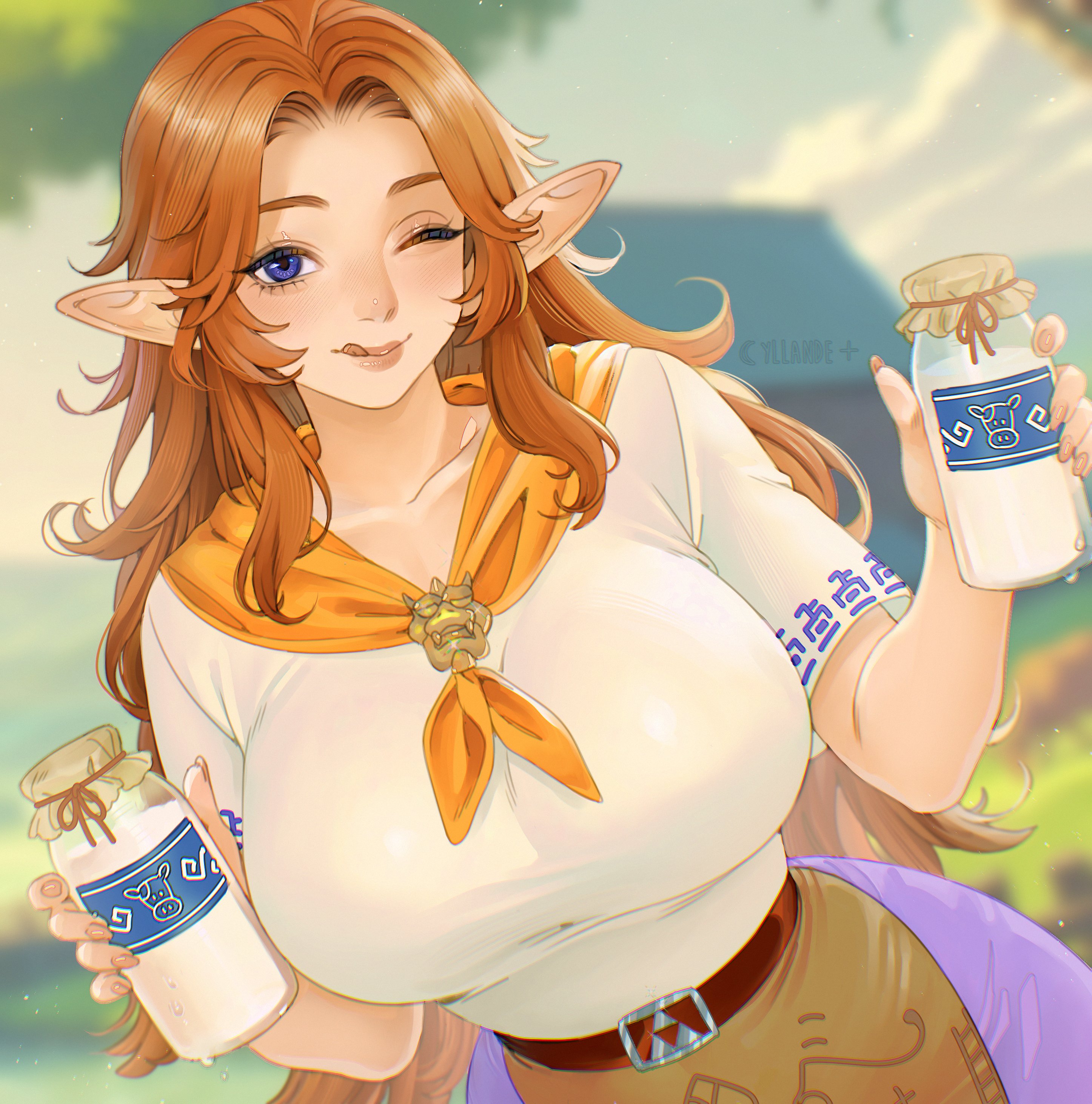 yiiande, malon, nintendo, the legend of zelda, the legend of zelda: ocarina of time, absurdres, highres, 1girl, ascot, belt, blurry, blurry background, bottle, breasts, brown hair, holding, holding bottle, huge breasts, large breasts, licking lips, lon lon milk, milk, milk bottle, one eye closed, orange ascot, parted bangs, pointy ears, seductive smile, skirt, smile, solo, tongue, tongue out