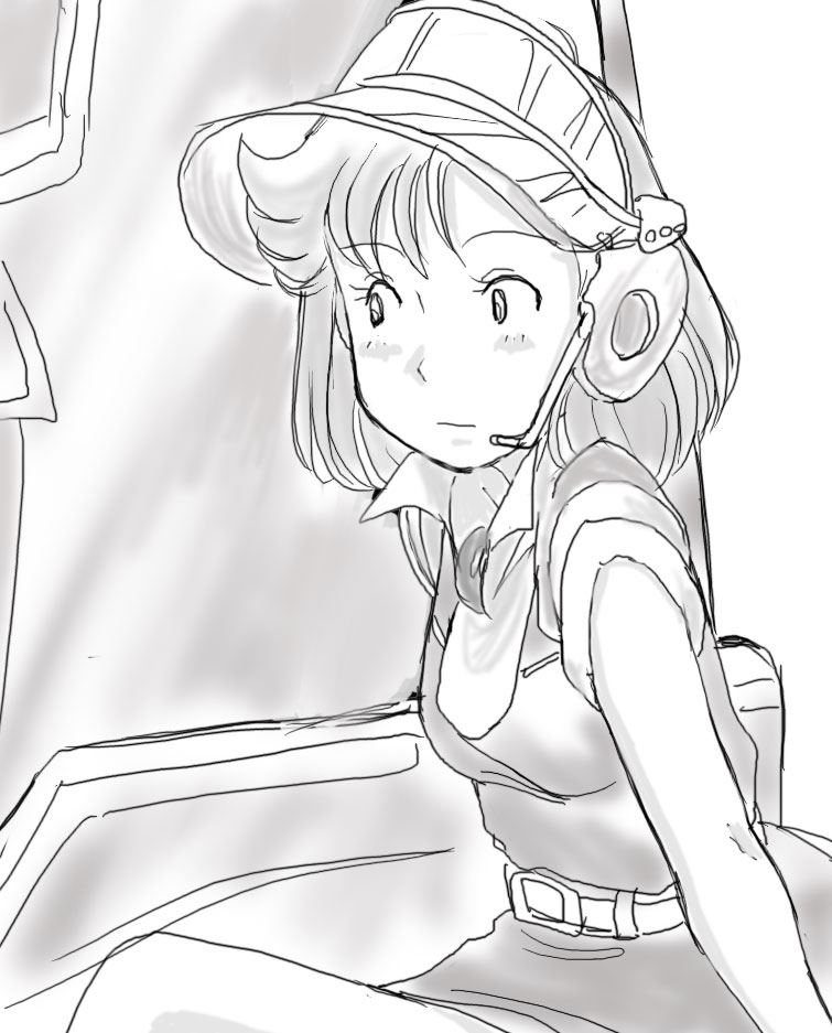 takaya n, doris wave, giant gorg, 1girl, belt, female focus, greyscale, headphones, monochrome, solo, visor cap