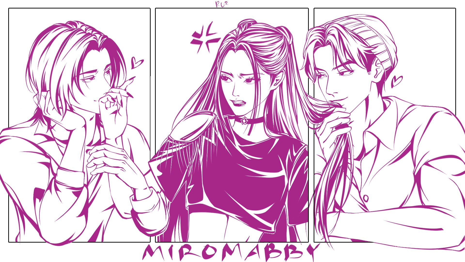 abby (kpop demon hunters), mira (kpop demon hunters), romance (kpop demon hunters), kpop demon hunters, commentary, highres, 1girl, 2boys, anger vein, choker, clenched teeth, collared shirt, crop top, fingernails, hat, headset, heart, laluna 134340, long fingernails, long hair, medium hair, monochrome, multiple boys, shirt, short hair, short sleeves, sidelocks, smile, teeth, upper body