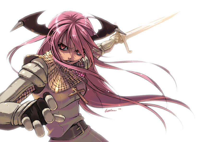knight (ragnarok online), ragnarok online, 1girl, armor, cross, cross necklace, female focus, floating object, floating sword, floating weapon, head wings, jewelry, knight, long hair, necklace, pink eyes, pink hair, rosary, solo, sword, weapon, wings