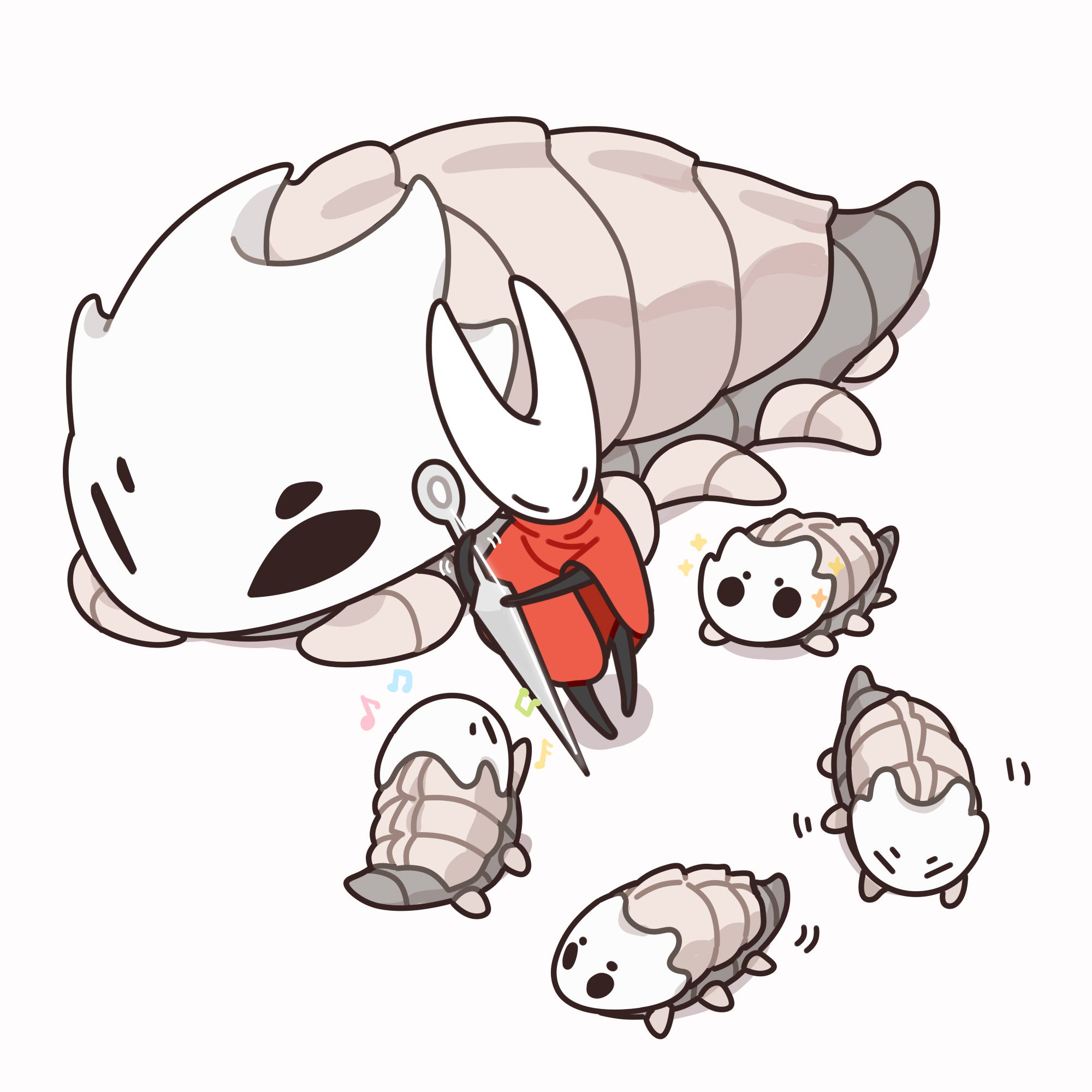 maou skun, bell beast (hollow knight), hornet (hollow knight), hollow knight, hollow knight: silksong, highres, 1girl, arthropod girl, beastling (hollow knight), cloak, closed eyes, holding, holding weapon, instrument, music, musical note, nail (hollow knight), no humans, one eye closed, playing instrument, red cloak, simple background, solid circle eyes, sparkle, weapon, white background