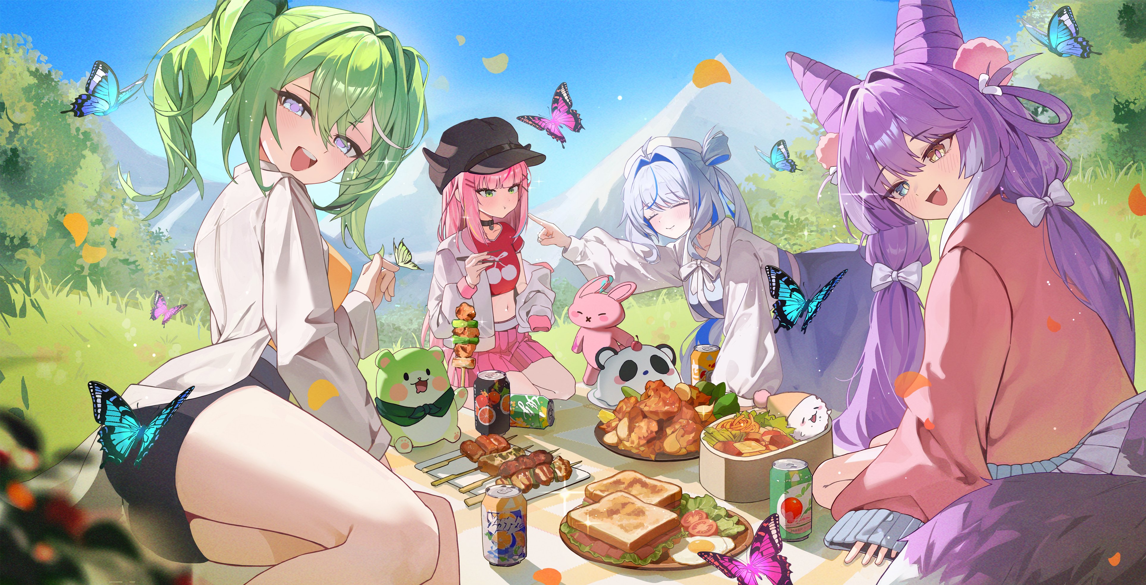 chann837, aokumo rin, hanako nana, tenko shibuki, yuzuha riko, stellive, absurdres, commentary, english commentary, food request, highres, 4girls, ahoge, all fours, animal, aqua eyes, black choker, black hat, black shorts, blue sky, bow, bright pupils, bug, bush, butterfly, can, cherry print, choker, closed eyes, closed mouth, cone hair bun, crop top, cropped shirt, day, double-parted bangs, drink can, eating, falling petals, fang, food, food print, fried egg, fruit print, grass, green eyes, green hair, grey bow, grey hair, grey shirt, grey skirt, grey streaks, hair bow, hair bun, hair intakes, hair ornament, hair rings, hairclip, hand up, hat, heterochromia, insect, long hair, long sleeves, looking at viewer, low-tied long hair, medium hair, midriff, mountain, multicolored hair, multiple girls, navel, on ground, one side up, open clothes, open mouth, open shirt, orange eyes, outdoors, parallel hairclips, petals, picnic, picnic blanket, pink hair, pink shirt, pink skirt, plate, pleated skirt, pointing, pointing at another, print shirt, purple eyes, purple hair, purple shirt, purple skirt, reclining, red shirt, sandwich, seiza, shirt, shish kebab, short shorts, short sleeves, shorts, sitting, skirt, sky, smile, soda can, sparkle, straight hair, streaked hair, swept bangs, tail, tomato, tomato slice, twintails, virtual youtuber, white hat