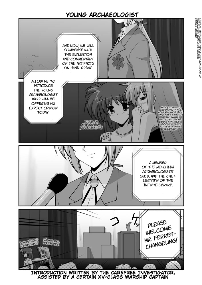 mikage takashi, fate testarossa, takamachi nanoha, yuuno scrya, lyrical nanoha, mahou shoujo lyrical nanoha, mahou shoujo lyrical nanoha strikers, hard-translated, third-party edit, translated, 00s, 1boy, 2girls, = =, comic, dress, english text, greyscale, jewelry, monochrome, multiple girls, necklace, ponytail