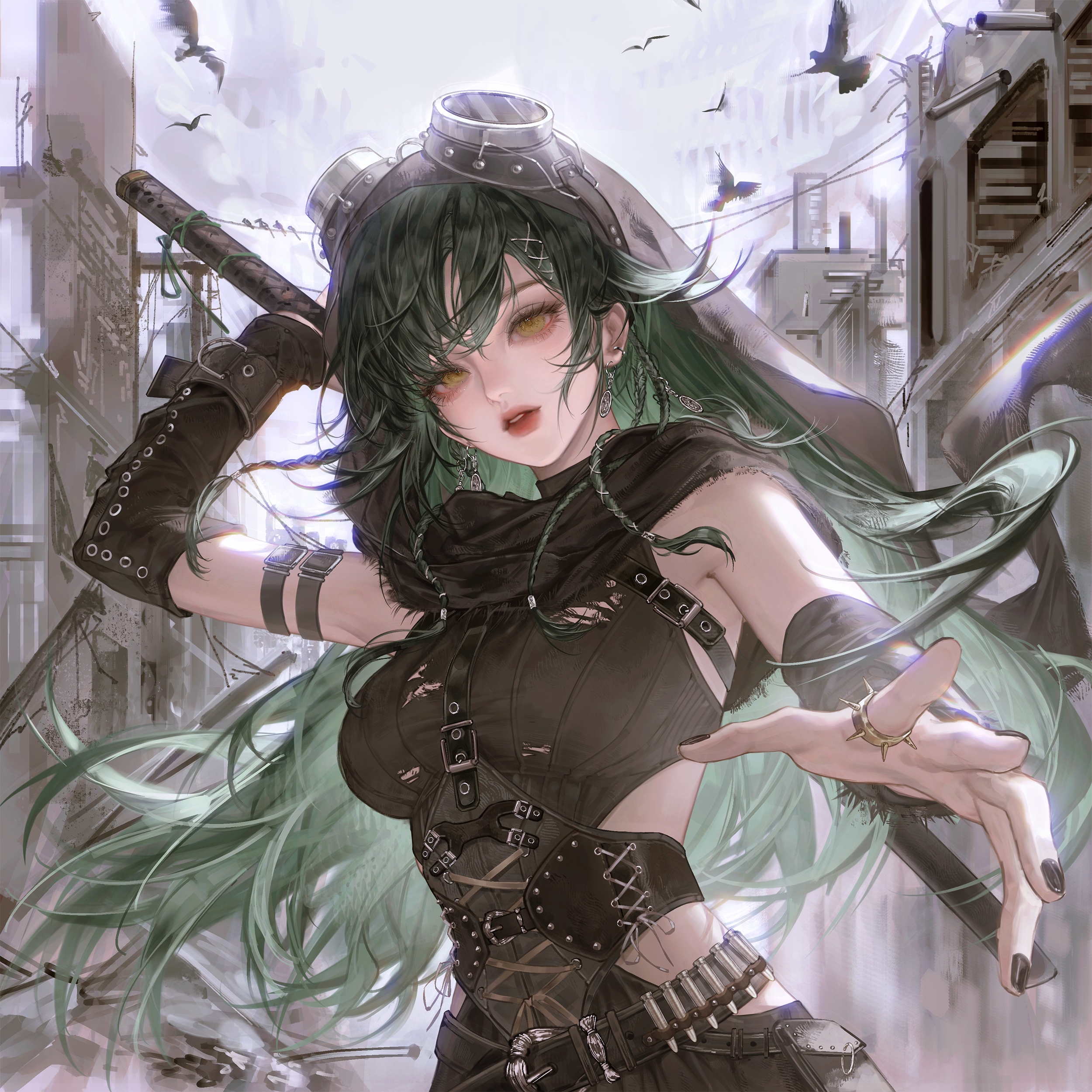 gloriash, original, absurdres, highres, 1girl, belt, bird, black nails, breasts, earrings, gloves, goggles, goggles on head, green hair, hair ornament, holding, holding weapon, jewelry, long hair, looking at viewer, nail polish, open mouth, outdoors, outstretched arm, parted lips, ring, solo, torn clothes, upper body, weapon, yellow eyes