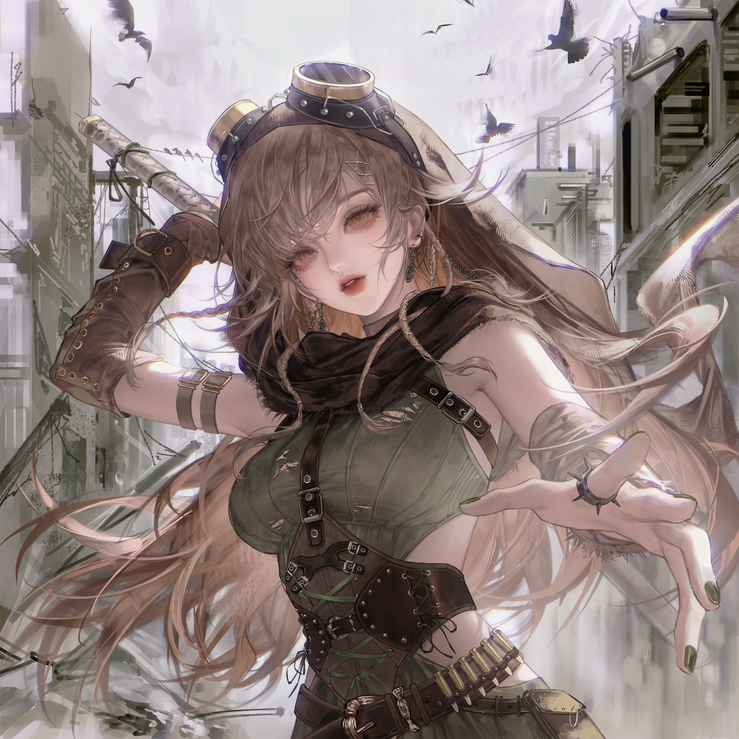gloriash, original, absurdres, highres, 1girl, bandaged arm, bandages, belt, bird, breasts, brown eyes, brown hair, earrings, gloves, goggles, goggles on head, holding, jewelry, long hair, looking at viewer, open mouth, outdoors, ring, scarf, single glove, solo, upper body, weapon