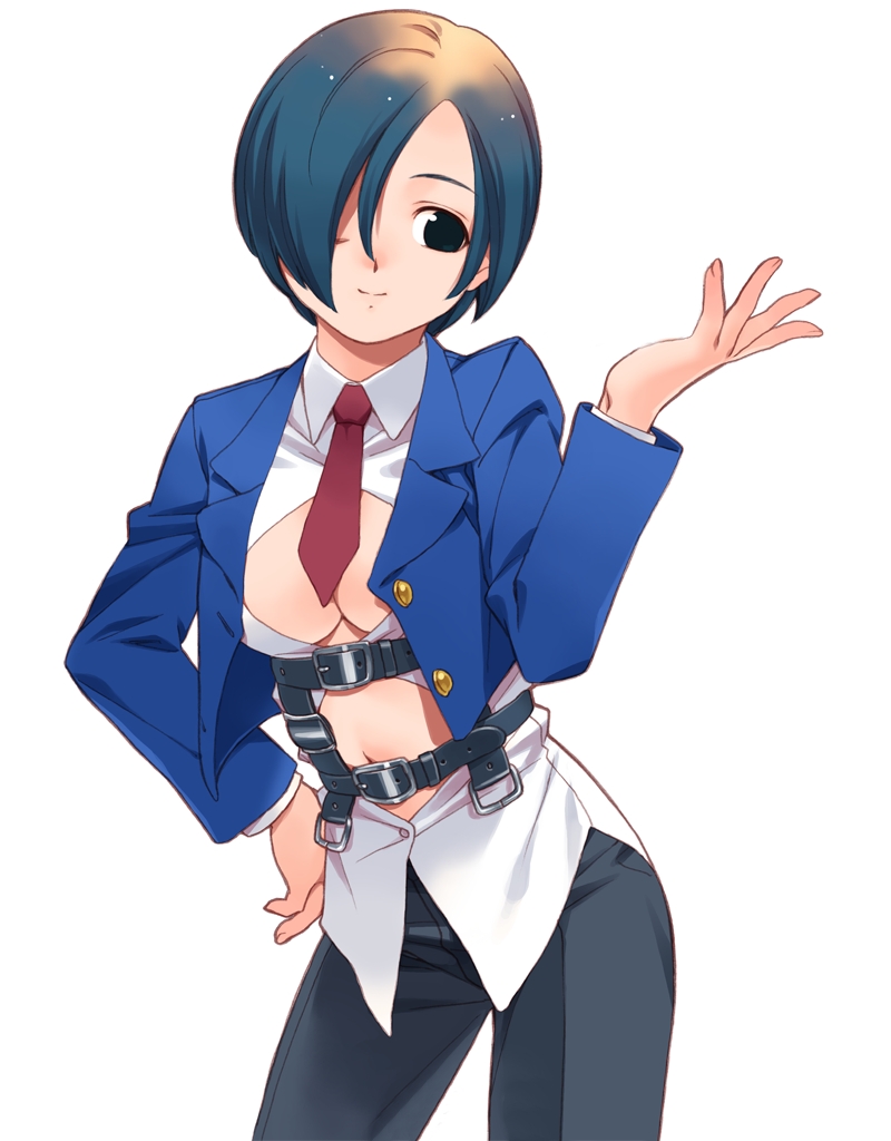 koike sadaji, ihoko, mayuzumi ihoko, mxs combat de reines, 1girl, black eyes, breasts, cleavage, female focus, hair over one eye, midriff, necktie, smile, solo