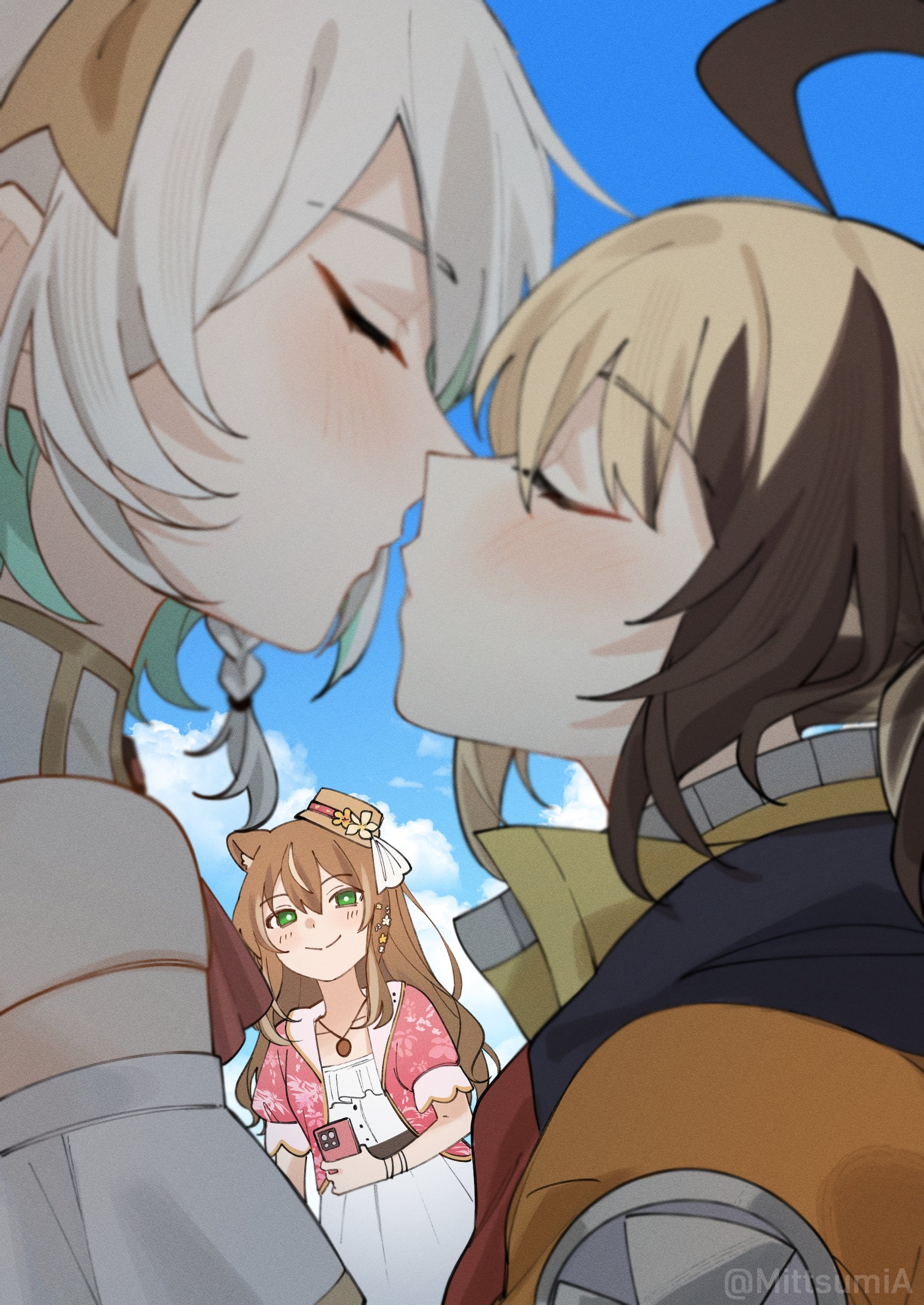 mittsu, ayunda risu, ayunda risu (indonesian casual), cecilia immergreen, cecilia immergreen (1st costume), gigi murin, gigi murin (1st costume), hololive, hololive english, hololive indonesia, absurdres, highres, ahoge, animal ears, blonde hair, blue sky, blurry, blurry foreground, blush, brown hair, closed eyes, day, doll joints, dress, green eyes, hat, holding, holding phone, imminent kiss, jacket, joints, long hair, looking at another, multicolored hair, outdoors, phone, pink jacket, short sleeves, sky, smile, squirrel ears, squirrel girl, tilted headwear, twitter username, two-tone hair, virtual youtuber, white dress, white hair, yuri