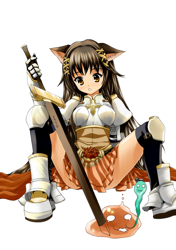 yamishin, lord knight (ragnarok online), ragnarok online, 1girl, animal ears, armor, armored dress, dress, long hair, orange skirt, skirt, sword, thighhighs, weapon