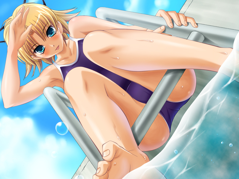 zatou, kohama chika, suku suku mizugi, game cg, 1girl, :p, armpits, barefoot, blonde hair, blue eyes, blush, cloud, day, dutch angle, feet, female focus, foreshortening, from below, hair ribbon, one-piece swimsuit, pool, pool ladder, ribbon, school swimsuit, shading eyes, short hair, sitting, sky, solo, swimsuit, toes, tongue, tongue out, wet