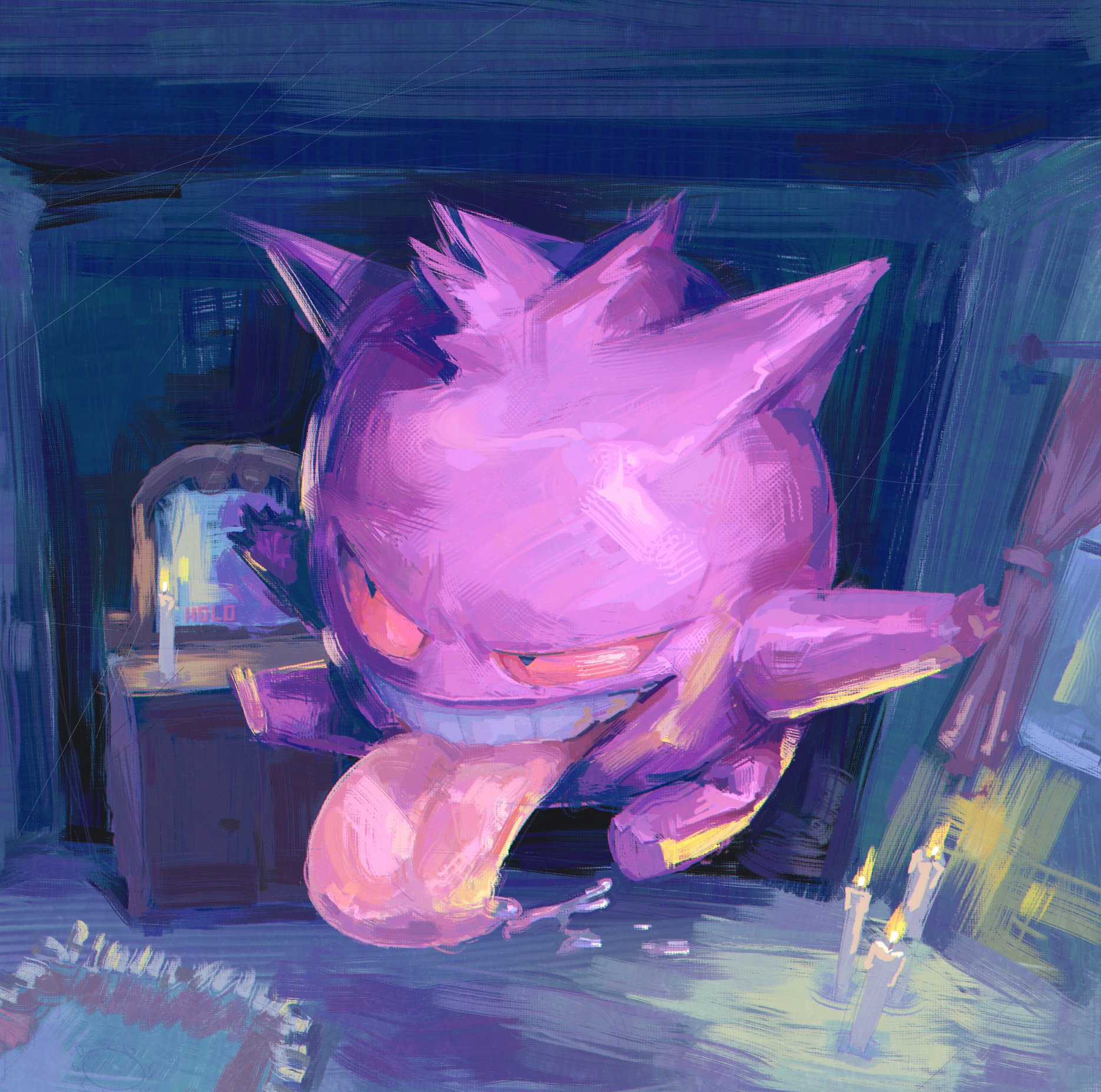 holo303, gengar, nintendo, pokemon, highres, candle, curtains, full body, furrowed brow, gen 1 pokemon, indoors, no humans, open mouth, outstretched arms, pokemon (creature), red eyes, rug, saliva, sketch, smile, table, tongue, tongue out, vanity table, window