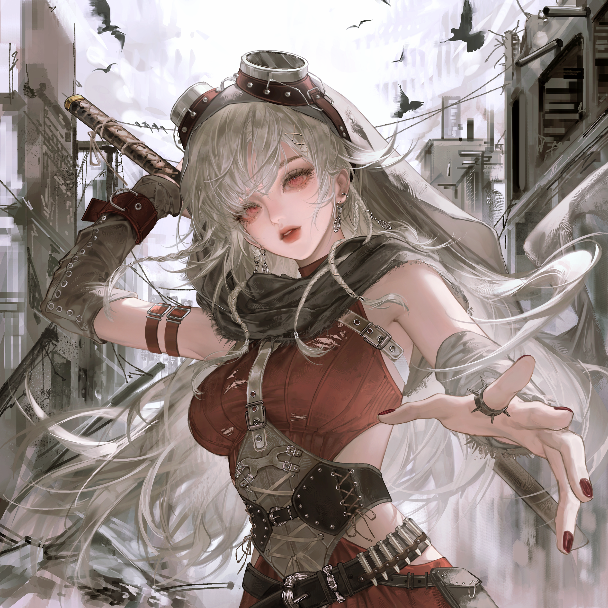 gloriash, original, absurdres, highres, 1girl, arm strap, belt, bird, breasts, earrings, gloves, goggles, goggles on head, grey hair, holding, holding weapon, jewelry, long hair, looking at viewer, nail polish, open mouth, outdoors, red eyes, red nails, ring, scarf, solo, upper body, weapon