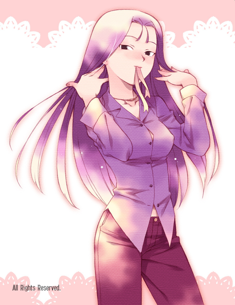 koike sadaji, nakazawa nodoka, nodoka, mxs combat de reines, 1girl, female focus, jewelry, long hair, mouth hold, necklace, ribbon, shirt, solo, tight clothes, tight shirt