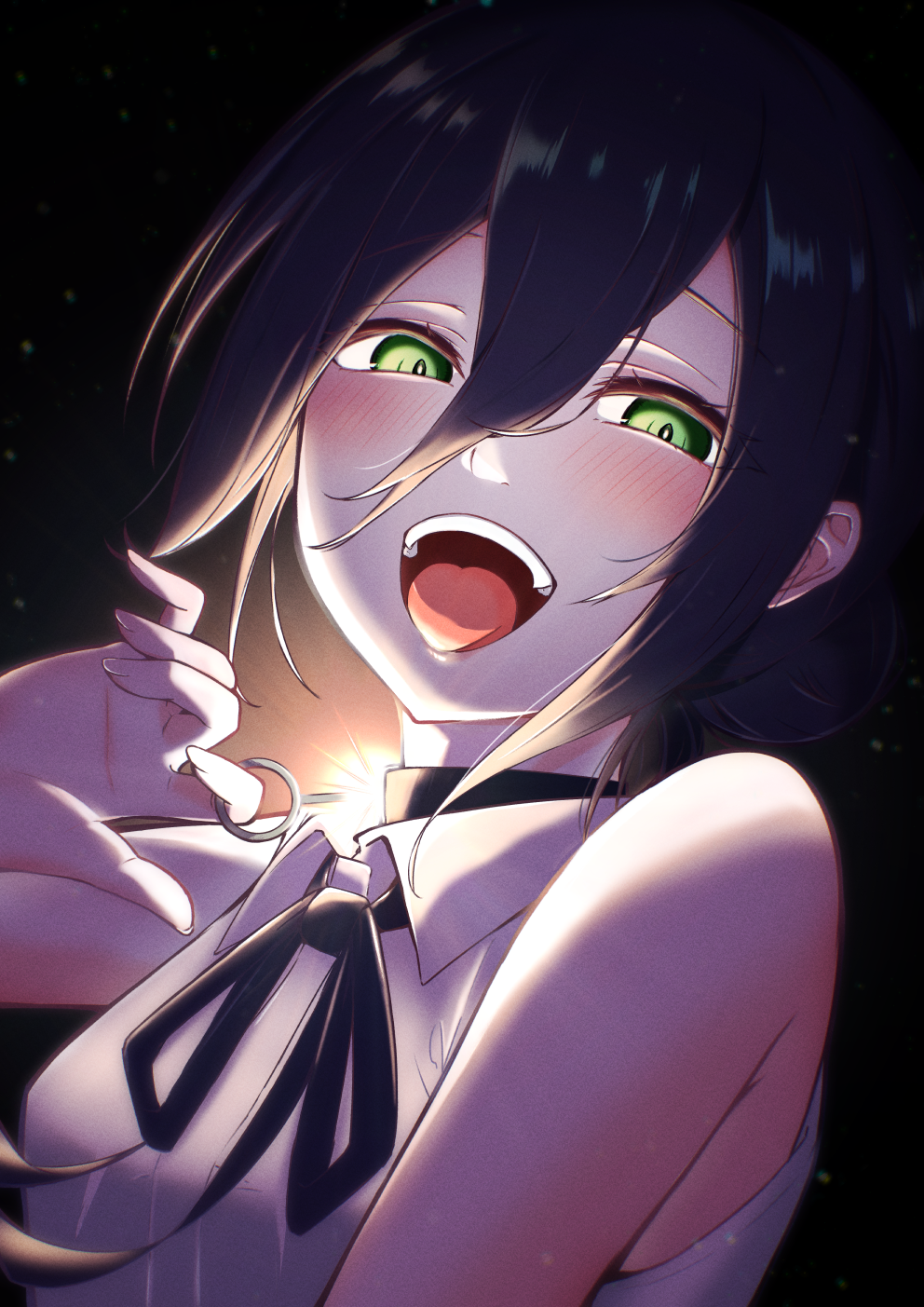 fuyuka natsuki, reze (chainsaw man), chainsaw man, highres, 1girl, black background, black choker, black hair, black ribbon, choker, collared shirt, green eyes, grenade pin, hair between eyes, imminent explosion, open mouth, ribbon, shirt, sleeveless, sleeveless shirt, solo, teeth, tongue, tongue out, upper teeth only, white shirt
