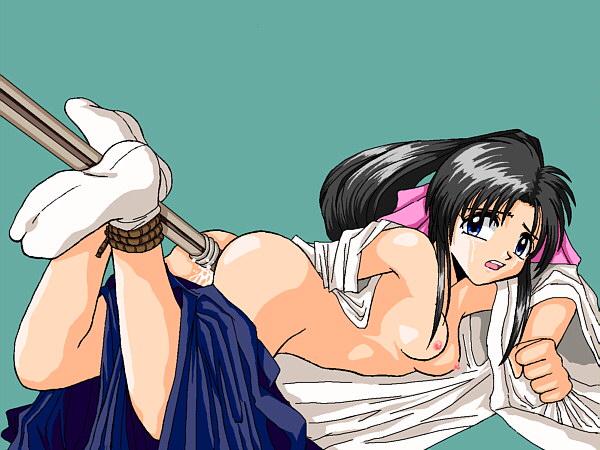 kamiya kaoru, rurouni kenshin, 1girl, bdsm, black hair, blue eyes, bondage, bound, breasts, cum, female focus, nipples, object insertion, small breasts, solo, tabi