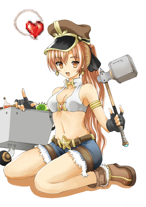 yamishin, whitesmith (ragnarok online), ragnarok online, tagme, boots, brown boots, denim, denim shorts, hammer, high ponytail, ponytail, shorts, slime (creature), solo