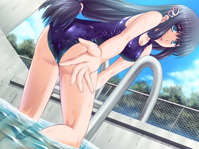 zatou, kotoura sakura, suku suku mizugi, game cg, 1girl, aqua eyes, ass, black hair, blue eyes, breasts, chain-link fence, cleavage, cloud, day, dutch angle, female focus, fence, from below, hair ornament, happy, large breasts, long hair, one-piece swimsuit, open mouth, outdoors, outstretched hand, ponytail, pool, pool ladder, poolside, purple one-piece swimsuit, purple school swimsuit, reaching, school swimsuit, solo, swimsuit, wet
