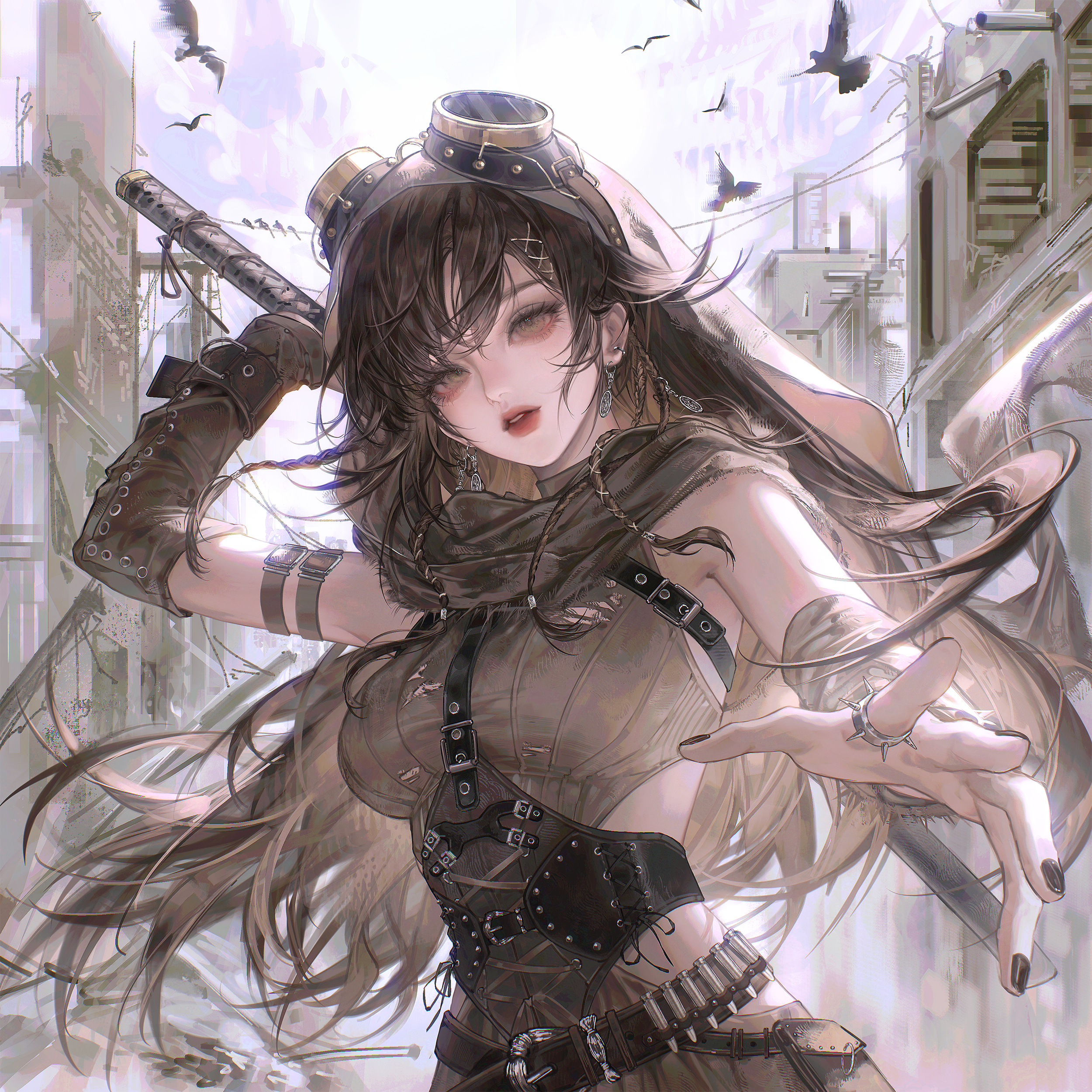 gloriash, original, absurdres, highres, 1girl, belt, bird, black hair, black nails, breasts, brown hair, earrings, gloves, goggles, goggles on head, hair ornament, holding, holding weapon, jewelry, long hair, looking at viewer, nail polish, open mouth, outdoors, ring, scarf, single glove, solo, sword, upper body, weapon