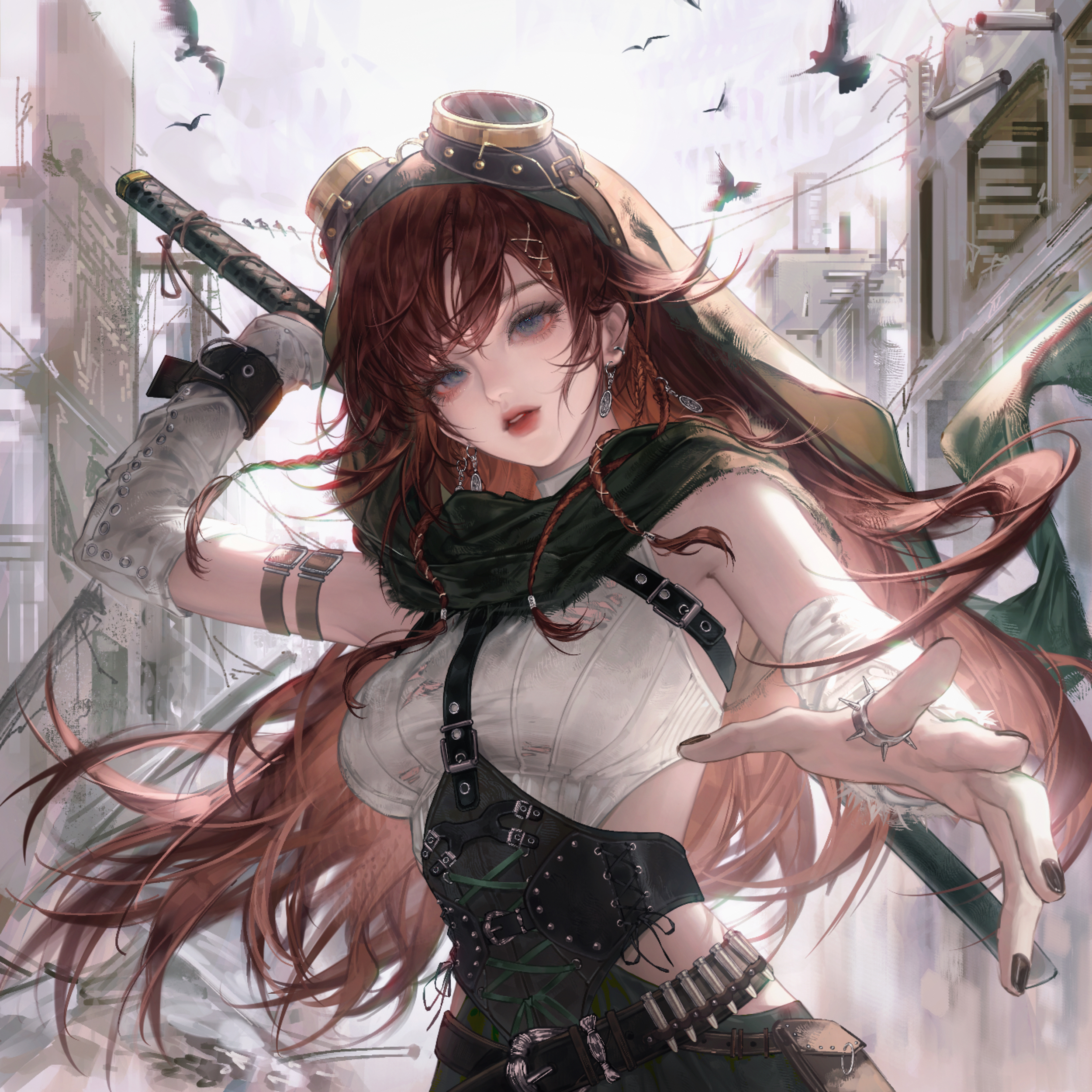 gloriash, original, absurdres, highres, 1girl, bandaged arm, bandages, belt, bird, black nails, blue eyes, braid, breasts, brown hair, earrings, gloves, goggles, goggles on head, hair ornament, holding, holding weapon, jewelry, long hair, looking at viewer, medium breasts, nail polish, open mouth, outdoors, red hair, ring, scarf, single glove, solo, sword, upper body, weapon