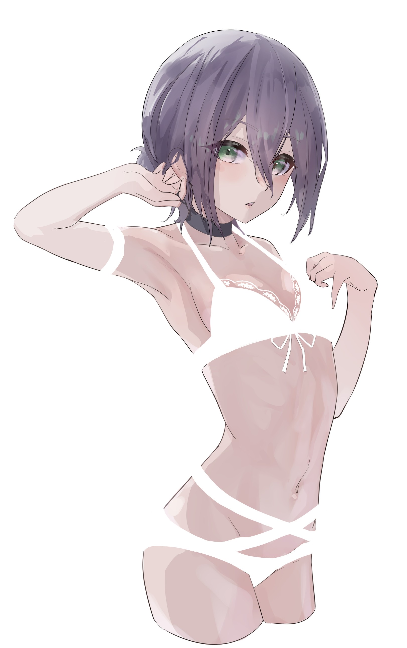 reze (chainsaw man), chainsaw man, absurdres, commentary request, highres, 1girl, arm up, armpits, black choker, black hair, bra, breasts, choker, green eyes, hair between eyes, hair bun, navel, panties, simple background, small breasts, solo, underwear, white background, white bra, white panties, zasyuu 11