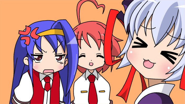 aino heart, lieselotte achenbach, tsuzura saki, aq interactive, arcana heart, atlus, examu, lucky star, 3girls, anger vein, blue hair, grey hair, long hair, multiple girls, parody, pink hair, school uniform, short hair, smile