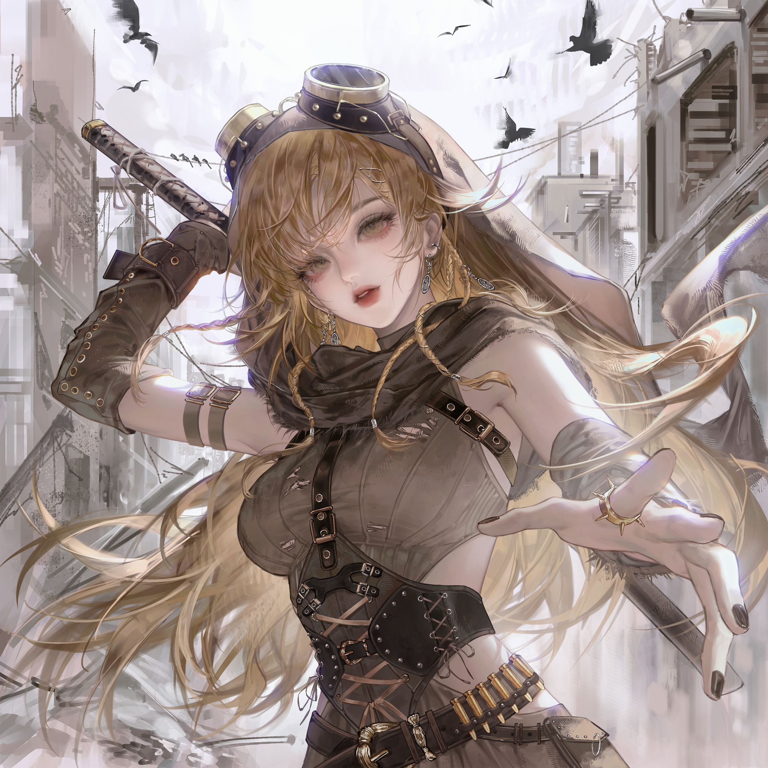 gloriash, original, absurdres, highres, 1girl, belt, bird, black nails, blonde hair, breasts, corset, earrings, gloves, goggles, goggles on head, holding, holding weapon, jewelry, large breasts, long hair, looking at viewer, nail polish, open mouth, outdoors, ring, scarf, single glove, solo, upper body, weapon