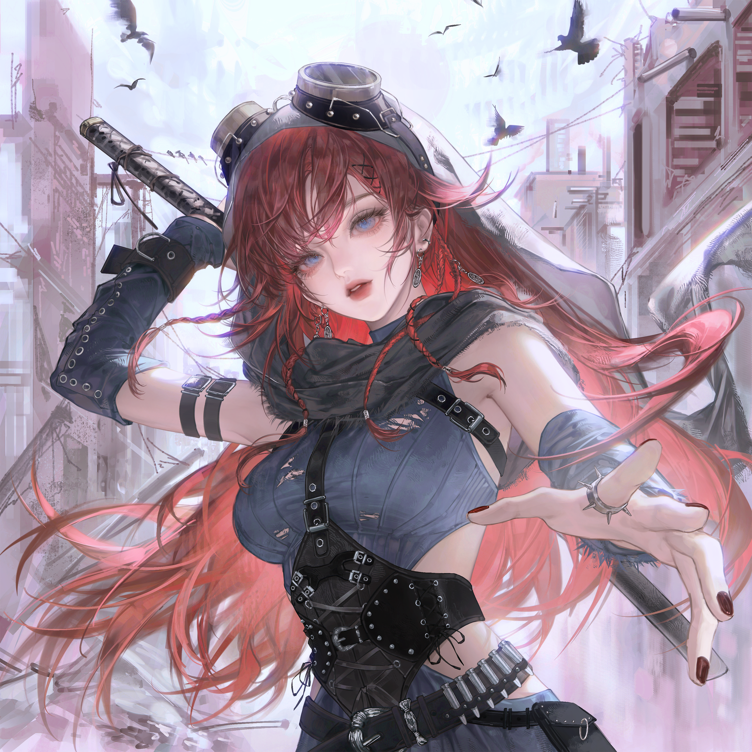 gloriash, original, absurdres, highres, 1girl, belt, bird, blue eyes, braid, breasts, earrings, gloves, goggles, goggles on head, hair ornament, holding, holding weapon, jewelry, long hair, looking at viewer, nail polish, open mouth, outdoors, red hair, red nails, ring, scarf, solo, sword, torn clothes, upper body, weapon, x hair ornament