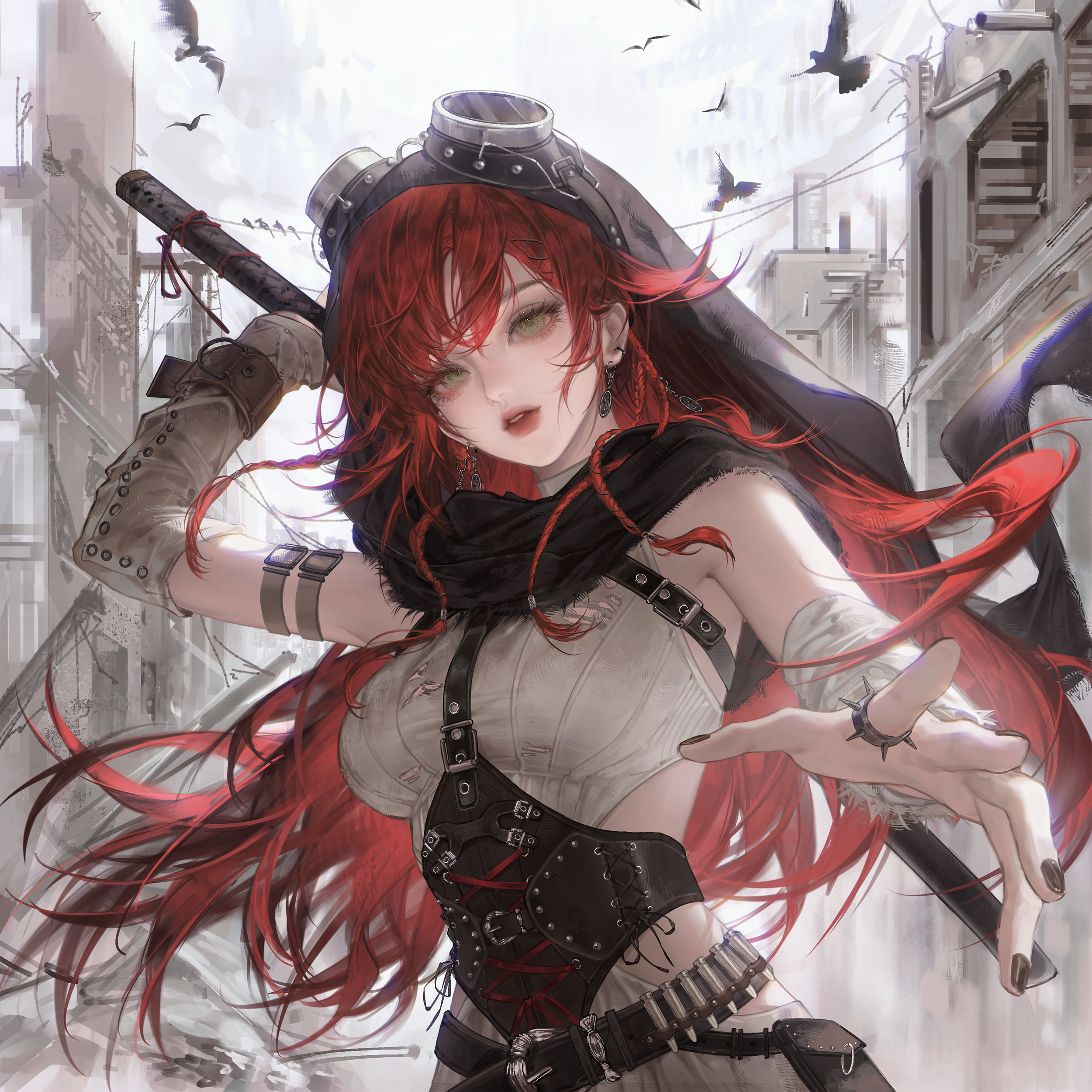 gloriash, original, absurdres, highres, 1girl, bandages, belt, bird, black nails, breasts, corset, earrings, goggles, goggles on head, green eyes, holding, holding weapon, jewelry, long hair, looking at viewer, nail polish, open mouth, outdoors, red hair, ring, scarf, solo, sword, upper body, weapon