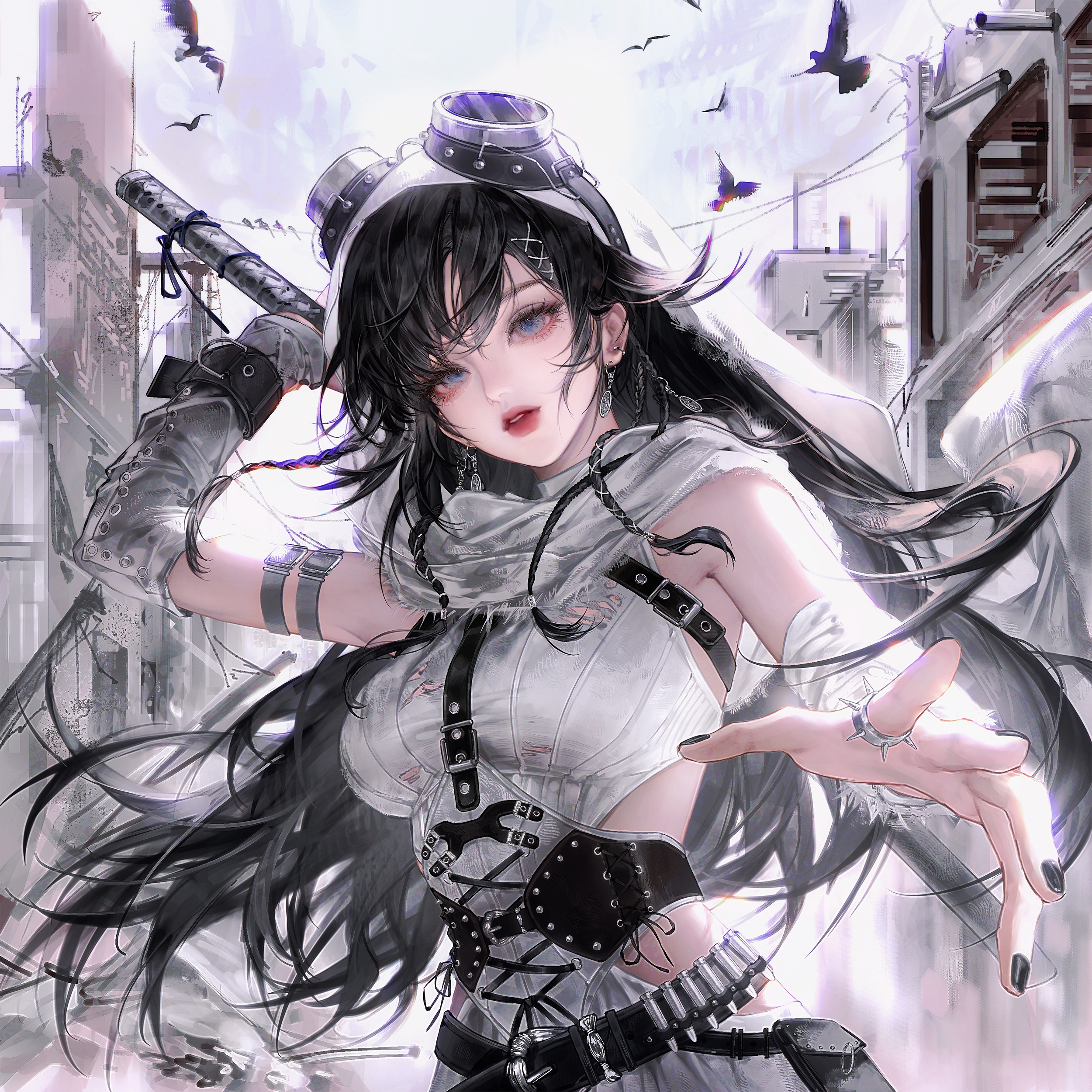 gloriash, original, absurdres, highres, 1girl, bandages, bare shoulders, belt, bird, black hair, black nails, blue eyes, breasts, building, earrings, gloves, goggles, goggles on head, hair ornament, hairclip, holding, holding weapon, jewelry, long hair, looking at viewer, open mouth, outdoors, ring, scarf, solo, sword, upper body, weapon