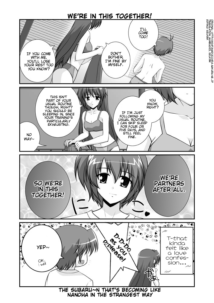 mikage takashi, subaru nakajima, teana lanster, lyrical nanoha, mahou shoujo lyrical nanoha, mahou shoujo lyrical nanoha strikers, hard-translated, third-party edit, translated, 00s, bra, comic, english text, greyscale, lingerie, monochrome, panties, tsundere, underwear