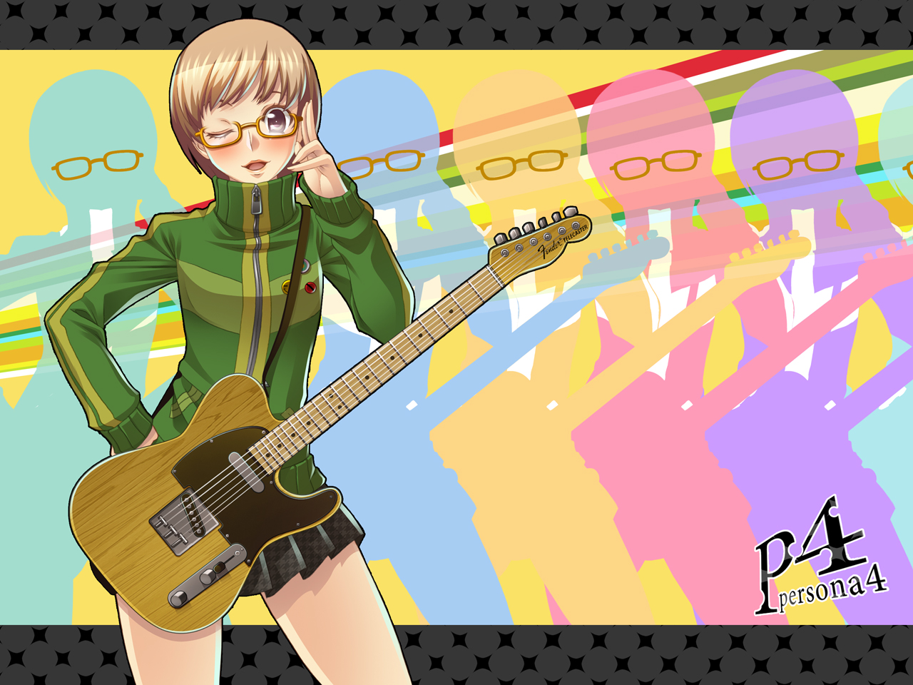 terumii, satonaka chie, atlus, persona, persona 4, 1girl, brown eyes, brown hair, electric guitar, female focus, glasses, guitar, instrument, one eye closed, short hair, solo, wink