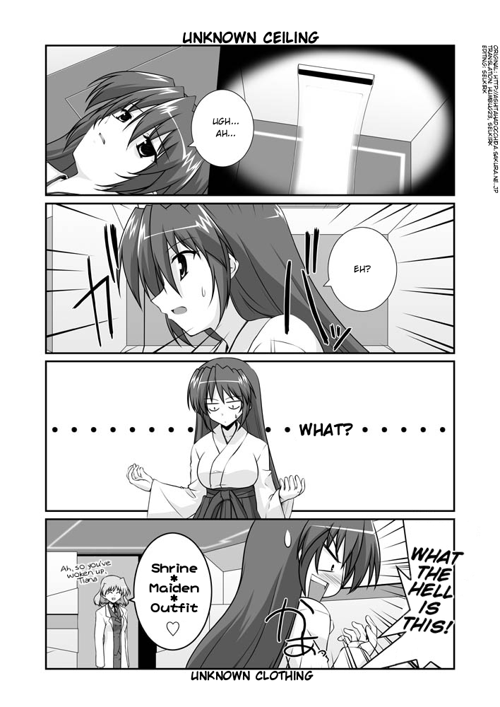 mikage takashi, shamal, teana lanster, lyrical nanoha, mahou shoujo lyrical nanoha, mahou shoujo lyrical nanoha strikers, hard-translated, third-party edit, translated, 00s, 2girls, closed eyes, comic, english text, greyscale, heart, japanese clothes, lab coat, miko, military, military uniform, monochrome, multiple girls