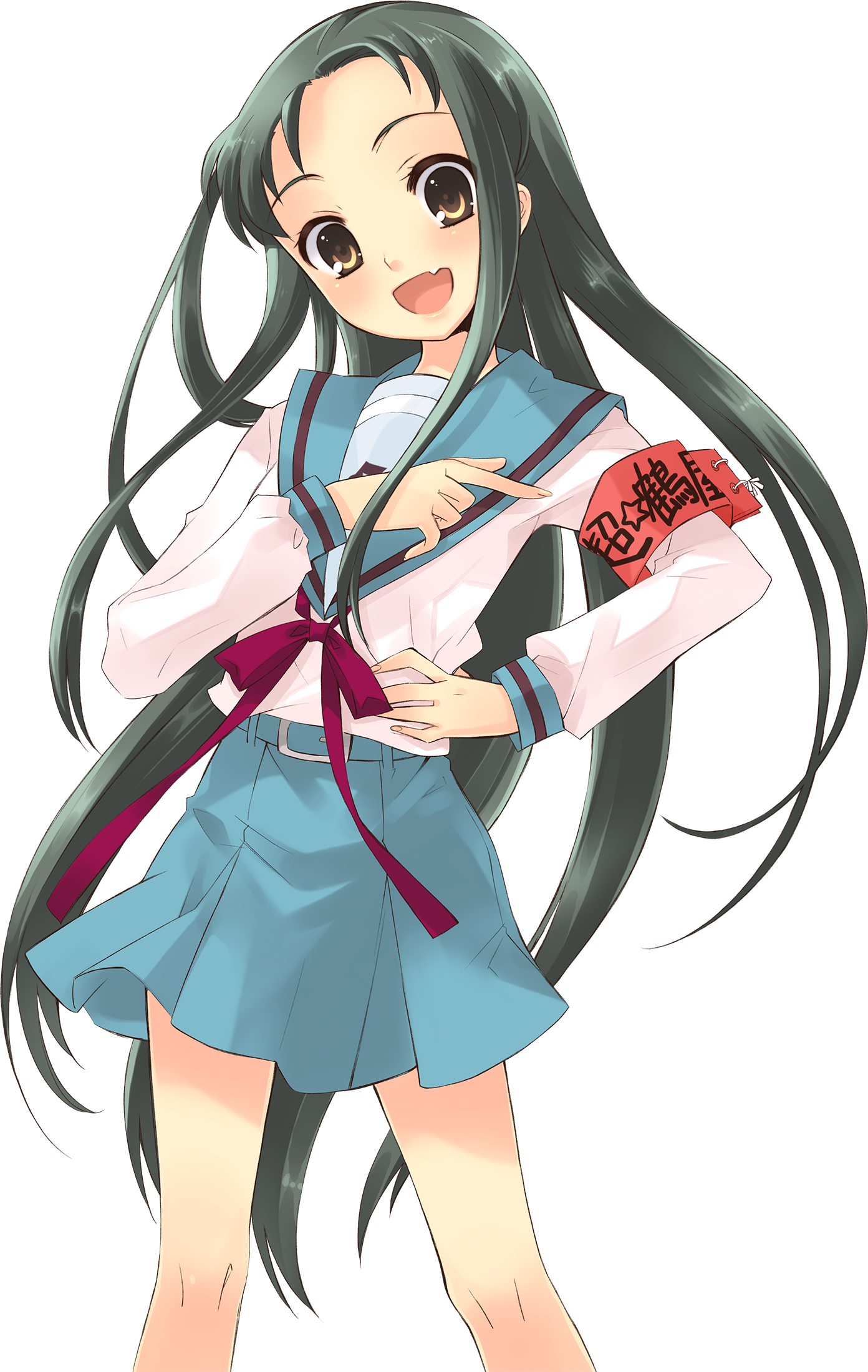 ito noizi, tsuruya, suzumiya haruhi no yuuutsu, highres, official art, 1girl, aqua sailor collar, aqua skirt, armband, fang, feet out of frame, green hair, hand on own hip, kita high school uniform, long hair, long sleeves, looking at viewer, neck ribbon, open mouth, red armband, red ribbon, ribbon, sailor collar, school uniform, shirt, simple background, skirt, smile, solo, tachi-e, transparent background, white shirt, yellow eyes
