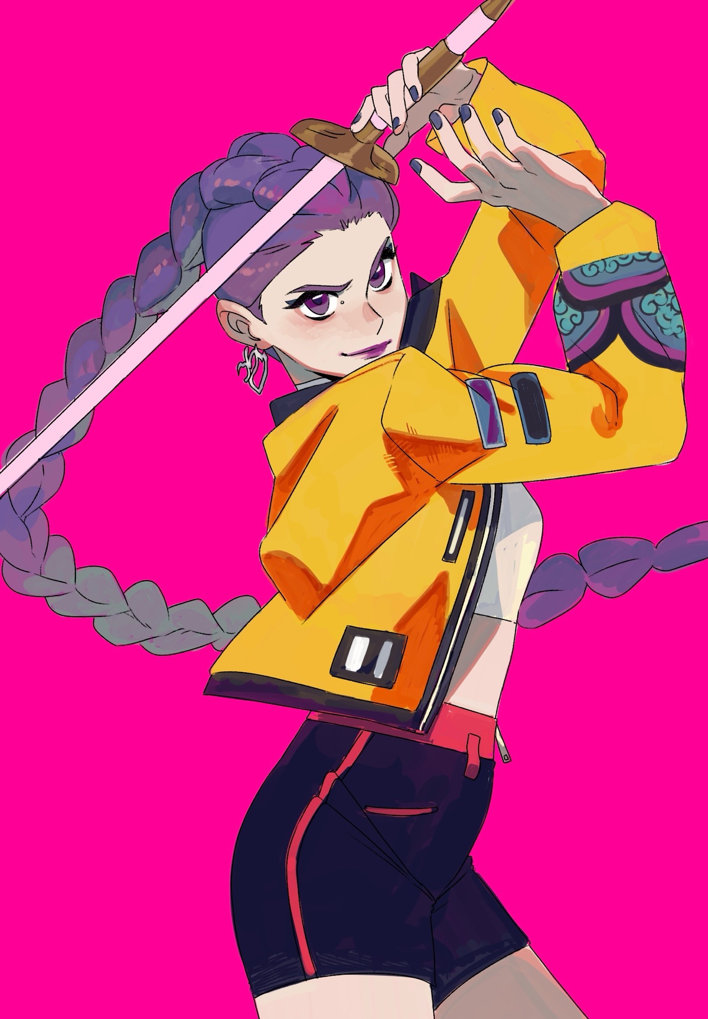 rumi (kpop demon hunters), kpop demon hunters, commentary, english commentary, highres, 1girl, braid, braided ponytail, earrings, holding, holding sword, holding weapon, jacket, jewelry, pink background, profile, purple eyes, purple hair, purple lips, purple nails, shorts, simple background, smile, solo, sword, thegodoffortune, weapon, yellow jacket