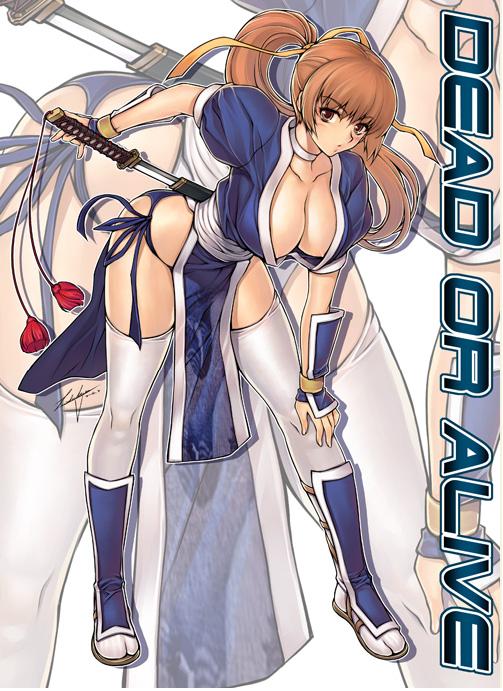 kasumi (doa), dead or alive, tecmo, 1girl, bent over, breasts, brown hair, choker, cleavage, collarbone, copyright name, female focus, hand on own knee, hanging breasts, large breasts, long hair, ninja, nipple slip, nipples, pelvic curtain, puffy sleeves, ribbon, signature, solo, tabi, thighhighs, thighs, white choker, white thighhighs, zettai ryouiki, zoom layer