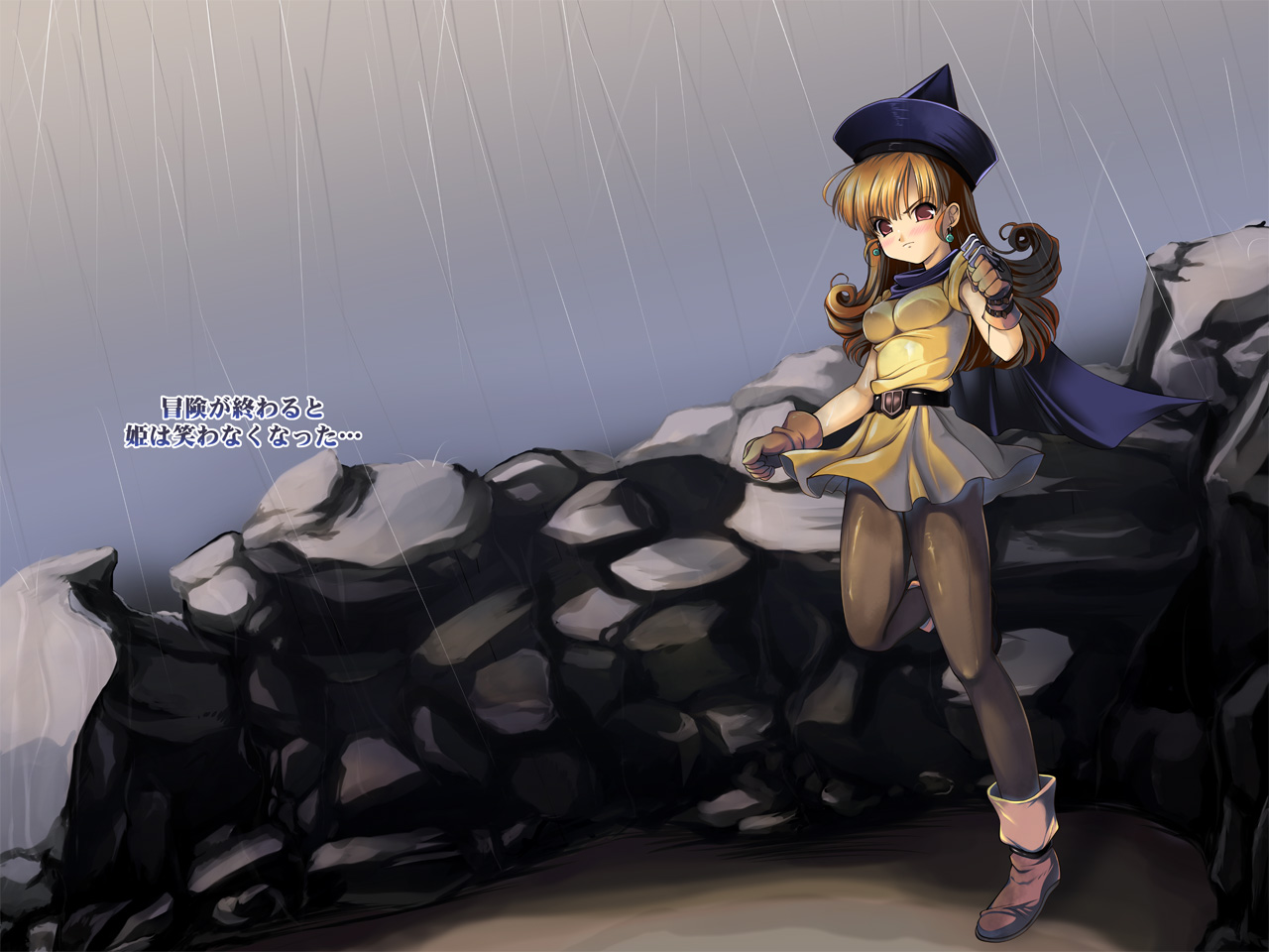 alena (dq4), chunsoft, dragon quest, dragon quest iv, enix, non-web source, translation request, 1girl, blush, boots, cape, claws, dress, earrings, gloves, hat, jewelry, long hair, pantyhose, rain, red eyes, red hair, skirt, yellow skirt