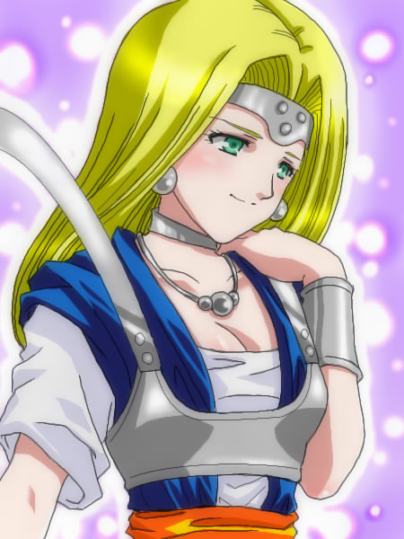 mireyu, dragon quest, dragon quest vi, non-web source, blonde hair, blush, bracelet, circlet, earrings, green eyes, jewelry, long hair, necklace, solo