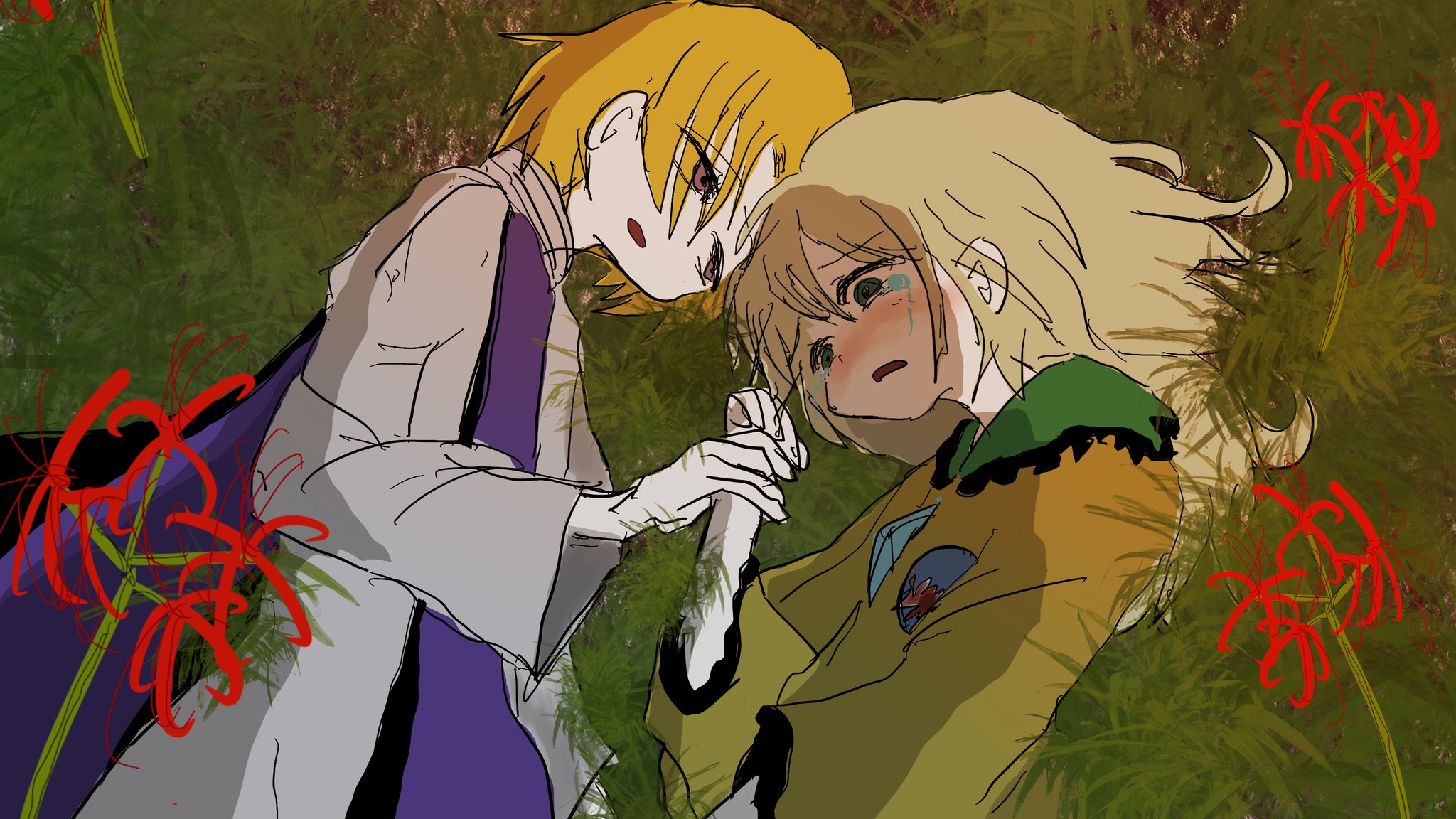memojang, komeiji koishi, yakumo yukari, koishi komeiji's heart-throbbing adventure, touhou, commentary, highres, 2girls, alternate hair length, alternate hairstyle, blonde hair, blouse, blush, eye injury, flower, frilled shirt collar, frills, furrowed brow, green eyes, green hair, holding another's wrist, injury, long sleeves, looking at another, looking to the side, lying, medium hair, multiple girls, nose blush, on grass, on side, open mouth, purple eyes, purple tabard, red flower, sad, shirt, short hair, sketch, spider lily, tabard, tears, third eye, very short hair, wide sleeves, yellow shirt