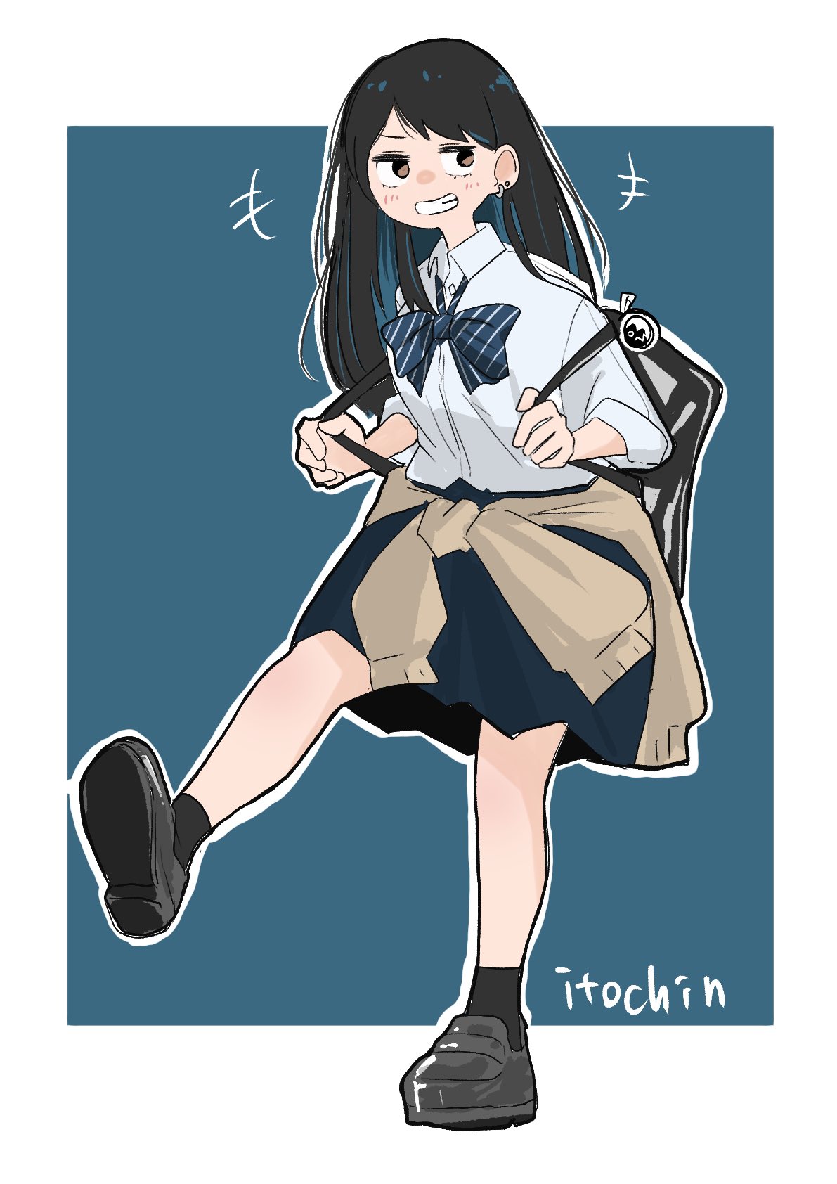 itochin d, original, highres, 1girl, bag, black hair, blue background, bow, bowtie, brown eyes, clothes around waist, collared shirt, full body, grin, jacket, jacket around waist, loafers, long hair, pleated skirt, shirt, shoes, skirt, smile, socks, solo, teeth, white shirt