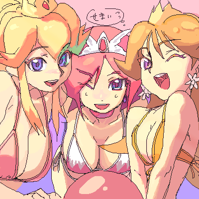metata, princess daisy, princess peach, white mage (final fantasy), final fantasy, final fantasy i, mario (series), mario basketball 3on3, nintendo, square enix, super mario land, lowres, source request, 3girls, alternate breast size (larger), bikini, blonde hair, blue eyes, breasts, breasts squeezed together, brown hair, cleavage, multiple girls, one eye closed, orange bikini, pink bikini, pink hair, purple eyes, smile, speech bubble, swimsuit, teeth, thought bubble, upper teeth only, white bikini, wink