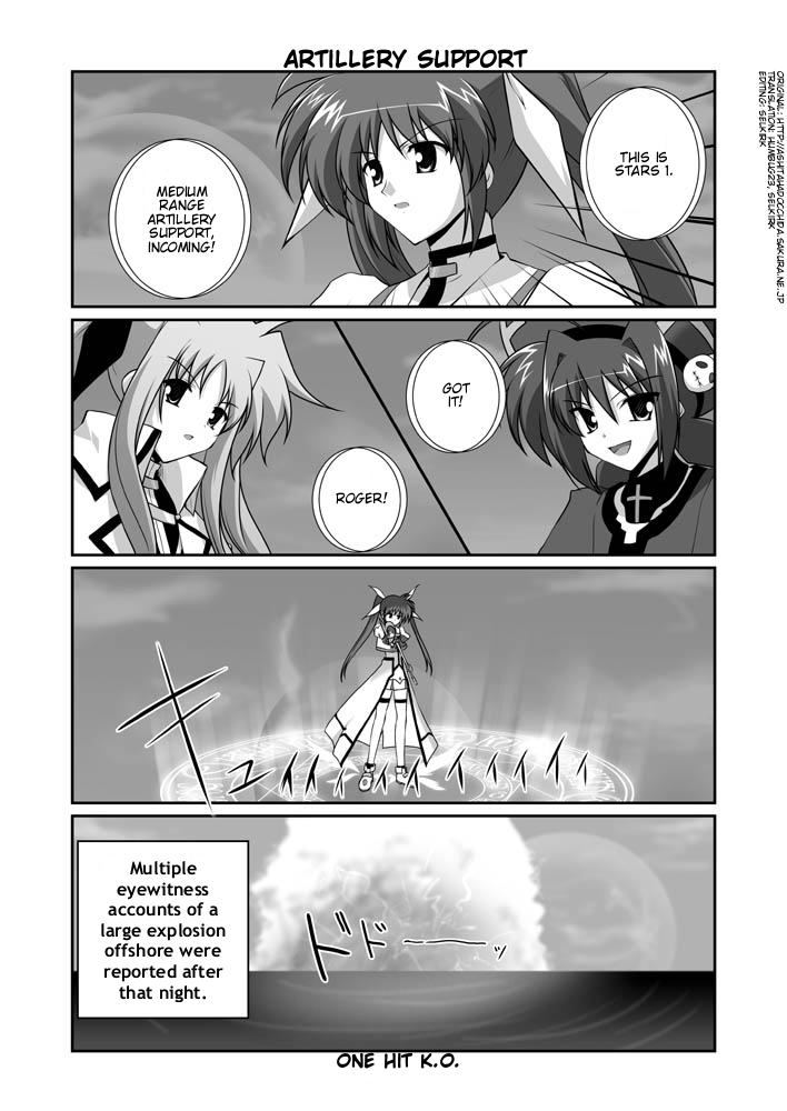 mikage takashi, fate testarossa, raising heart, takamachi nanoha, vita (nanoha), lyrical nanoha, mahou shoujo lyrical nanoha, mahou shoujo lyrical nanoha strikers, hard-translated, third-party edit, translated, 00s, 3girls, ahoge, bow, braid, cape, coat, comic, english text, explosion, greyscale, hat, jacket, magic circle, magical girl, monochrome, multiple girls, ocean, open clothes, open jacket, planet, twin braids, twintails, waist cape